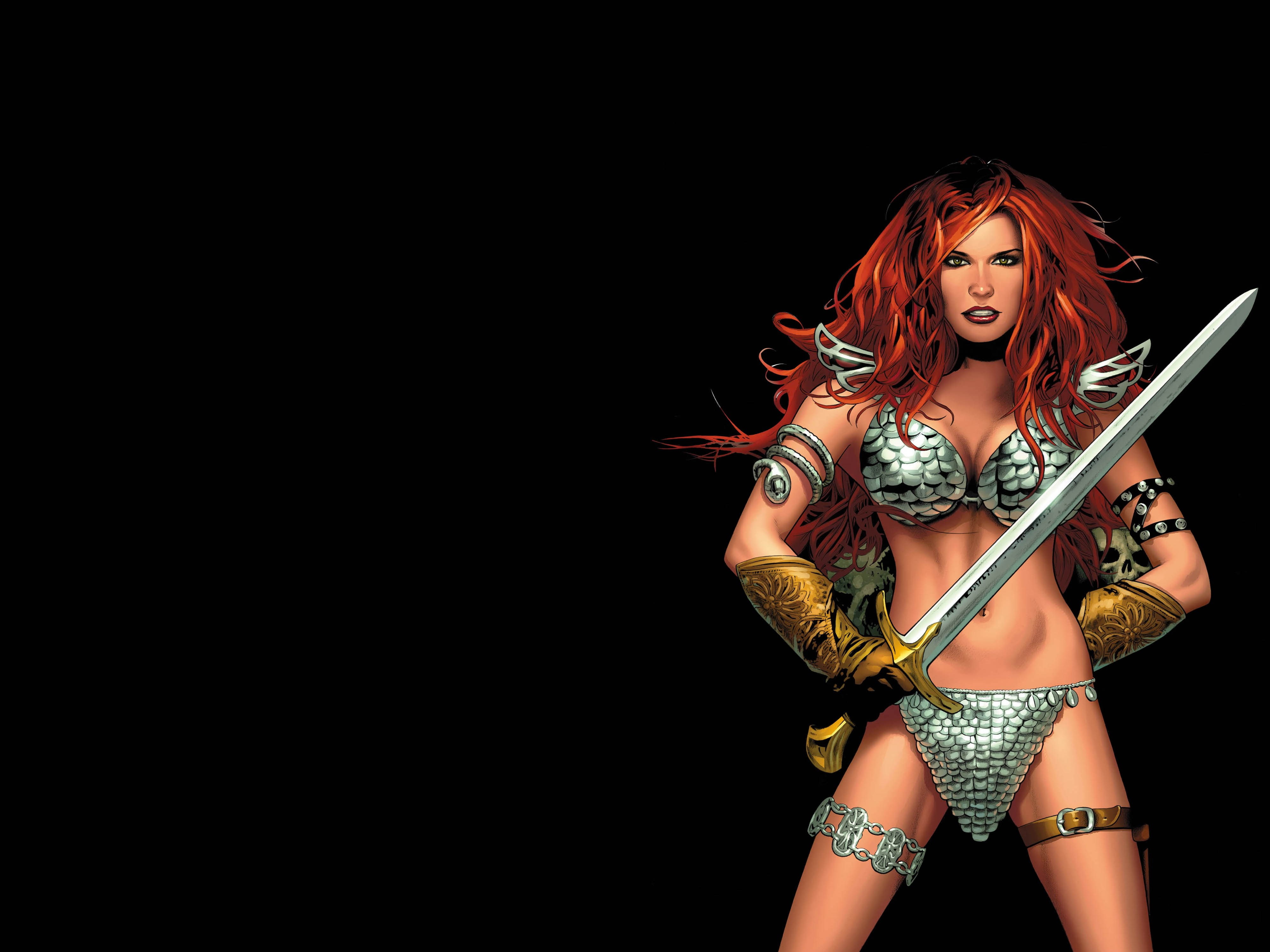 adult, three quarter length, hairstyle, 4K, red sonja, front view, beauty, young women, black background, standing, one person, women, young adult, indoors, HD Wallpaper