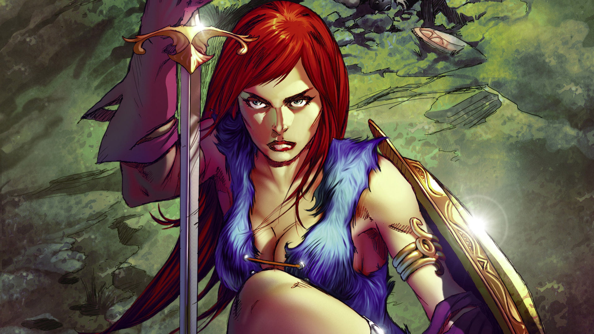 red, 1080P, cartoon/comic, sword, redhead, hd, sonja, HD Wallpaper