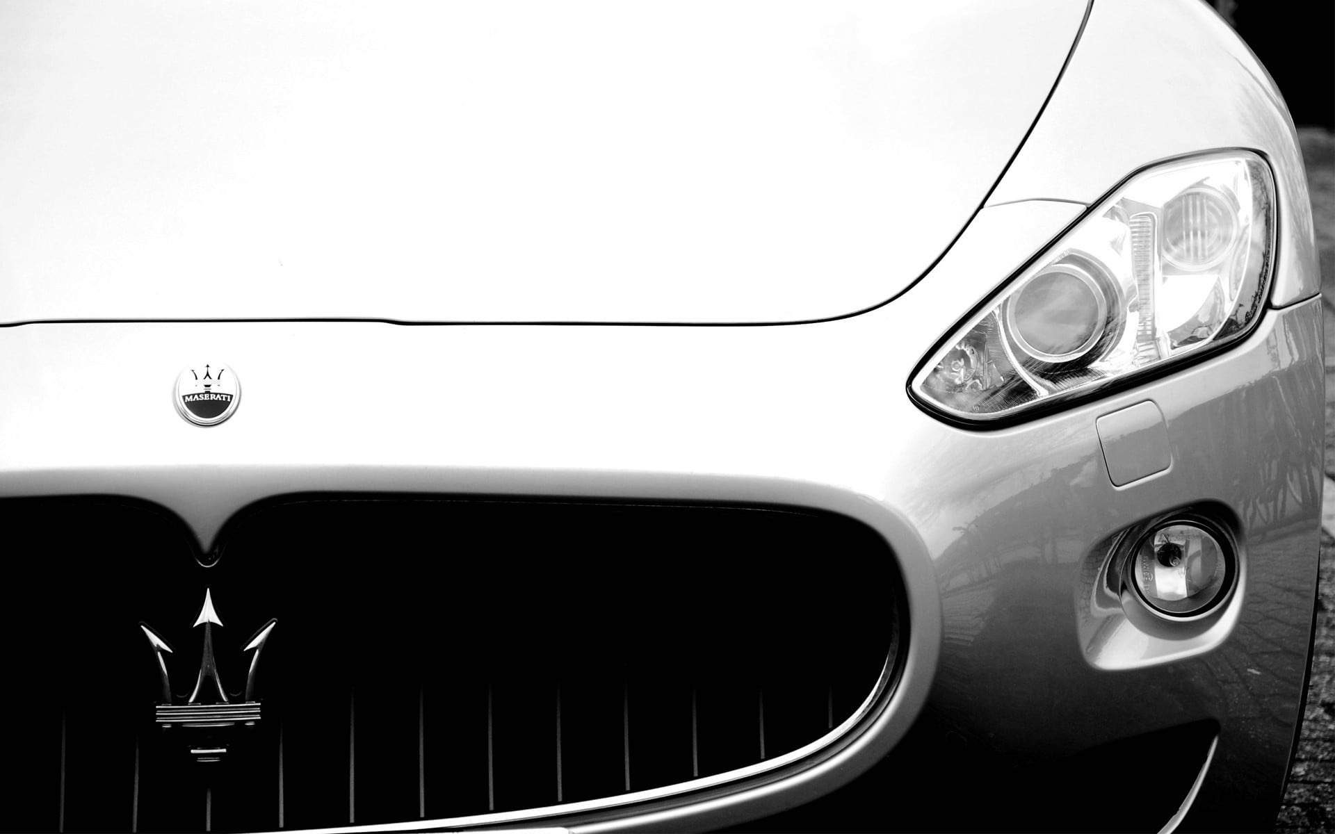 1080P, close-up, Headlights, door, transportation, logo, land vehicle, no people, luxury, retro styled, white, indoors, headlight, Maserati, wealth, monochrome, HD Wallpaper