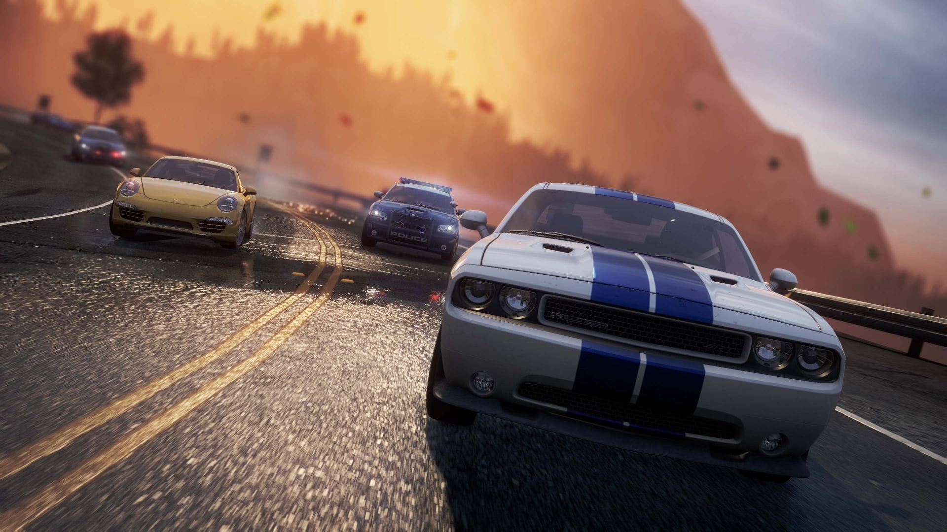challenger, land vehicle, highway, dodge, transportation, street, luxury, chase, high angle view, need for speed most wanted 2, city, motion, sunset, driving, HD Wallpaper