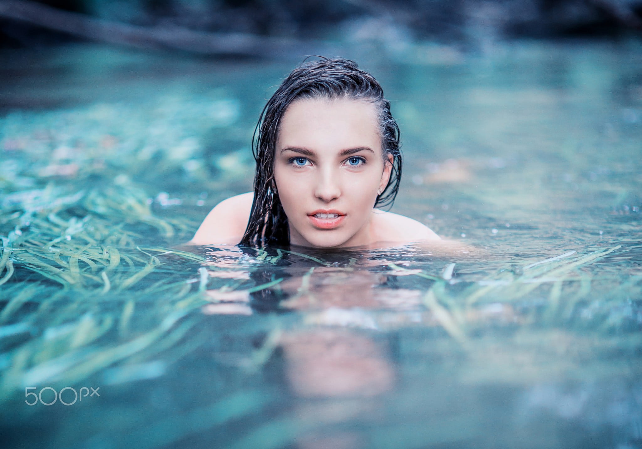 young women, blue eyes, headshot, beauty, leisure activity, swimming, brunette, one person, swimwear, selective focus, river, portrait, waterfront, young adult, HD Wallpaper