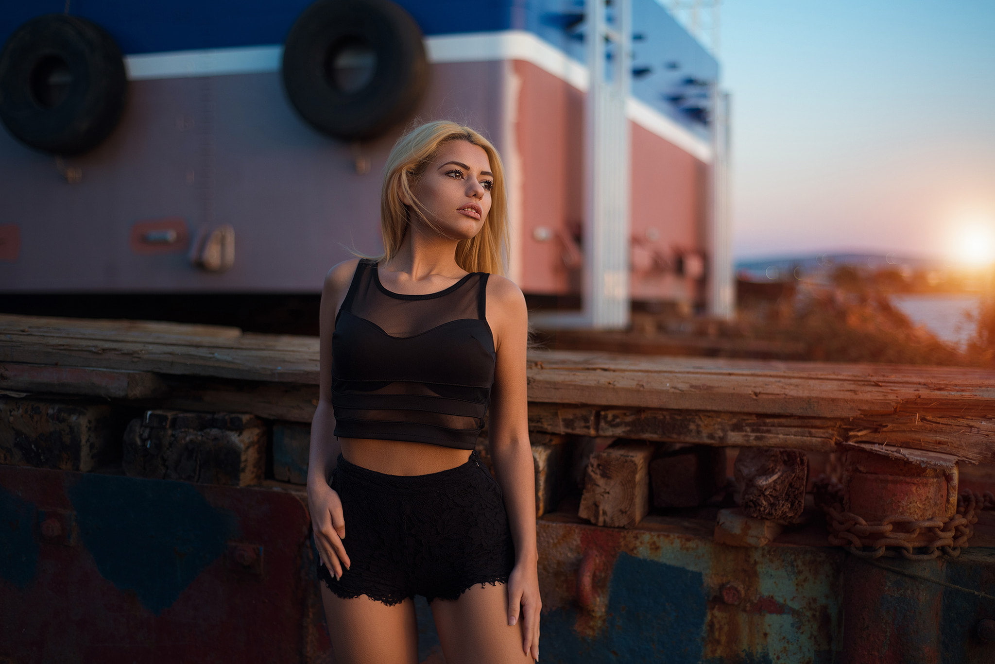 brunette, women, portrait, 1080P, women outdoors, blonde, black clothing, Marianna Bafiti, HD Wallpaper