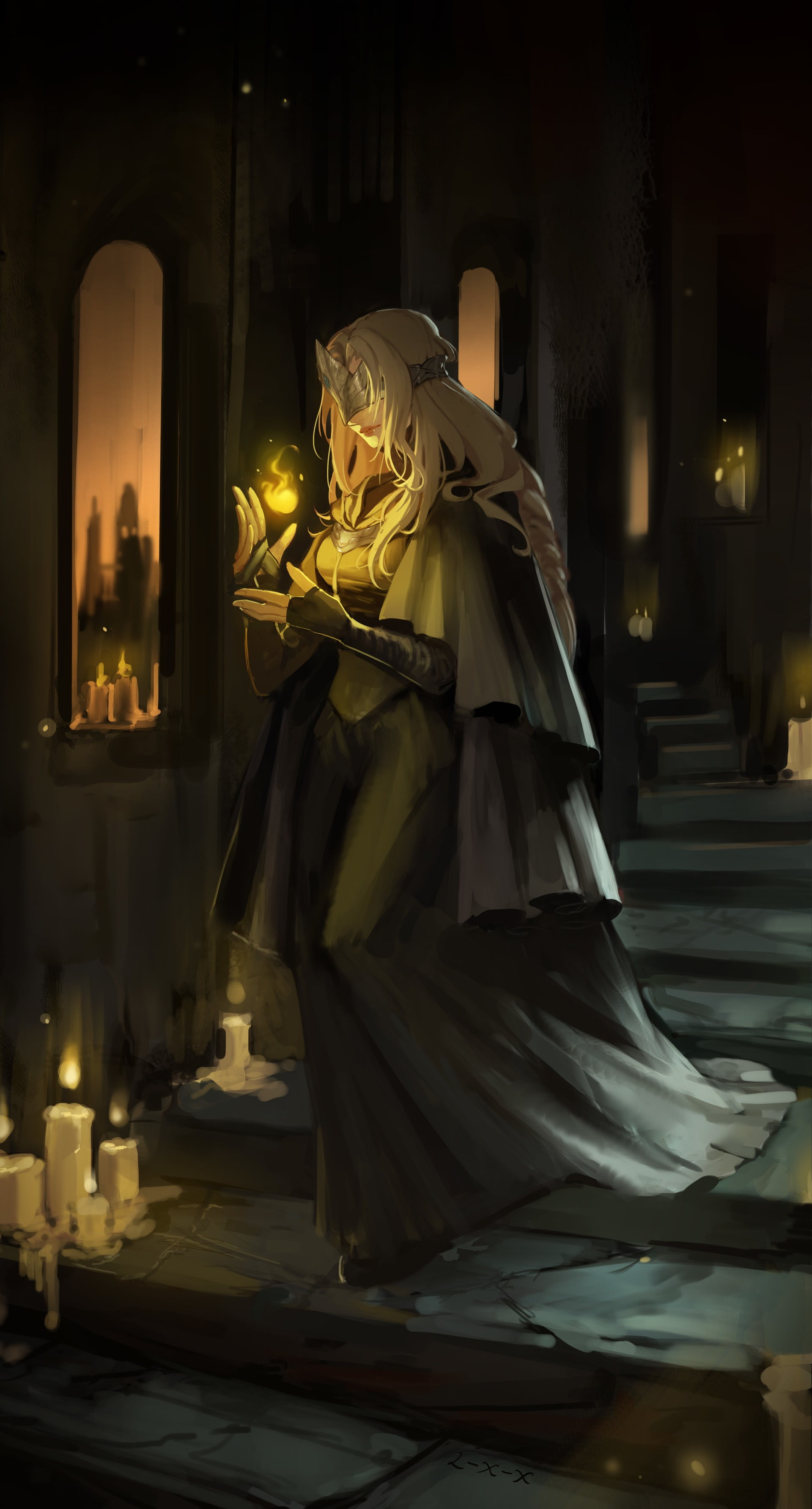 Dark Souls III, praying, religion, architecture, illuminated, indoors, building, place of worship, spirituality, 2K, night, fantasy art, belief, candle, Phone HD Wallpaper