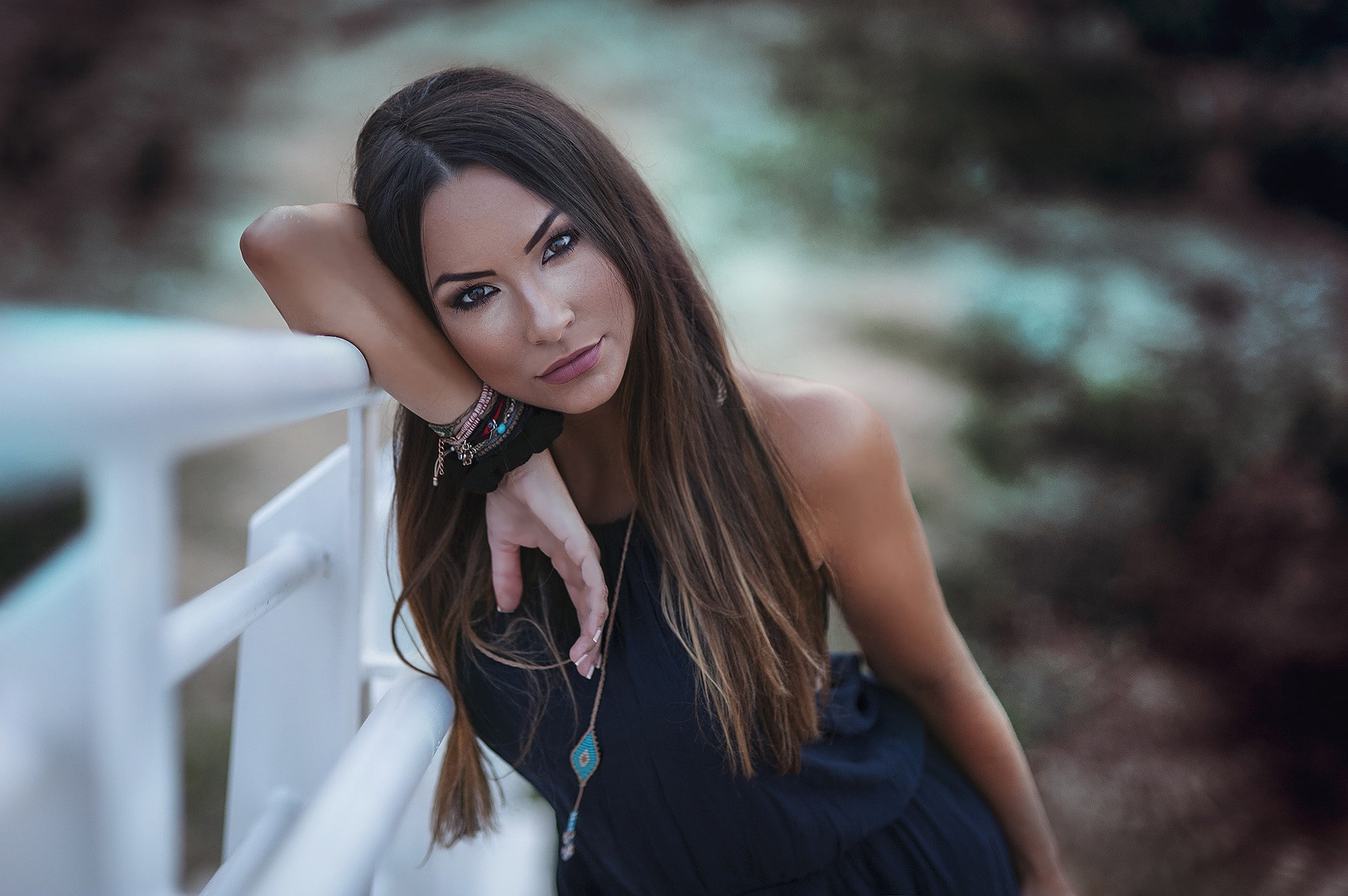 dress, women, Dimitris Konstantinidis, face, portrait, tanned, women outdoors, 1080P, brunette, depth of field, dark eyes, HD Wallpaper