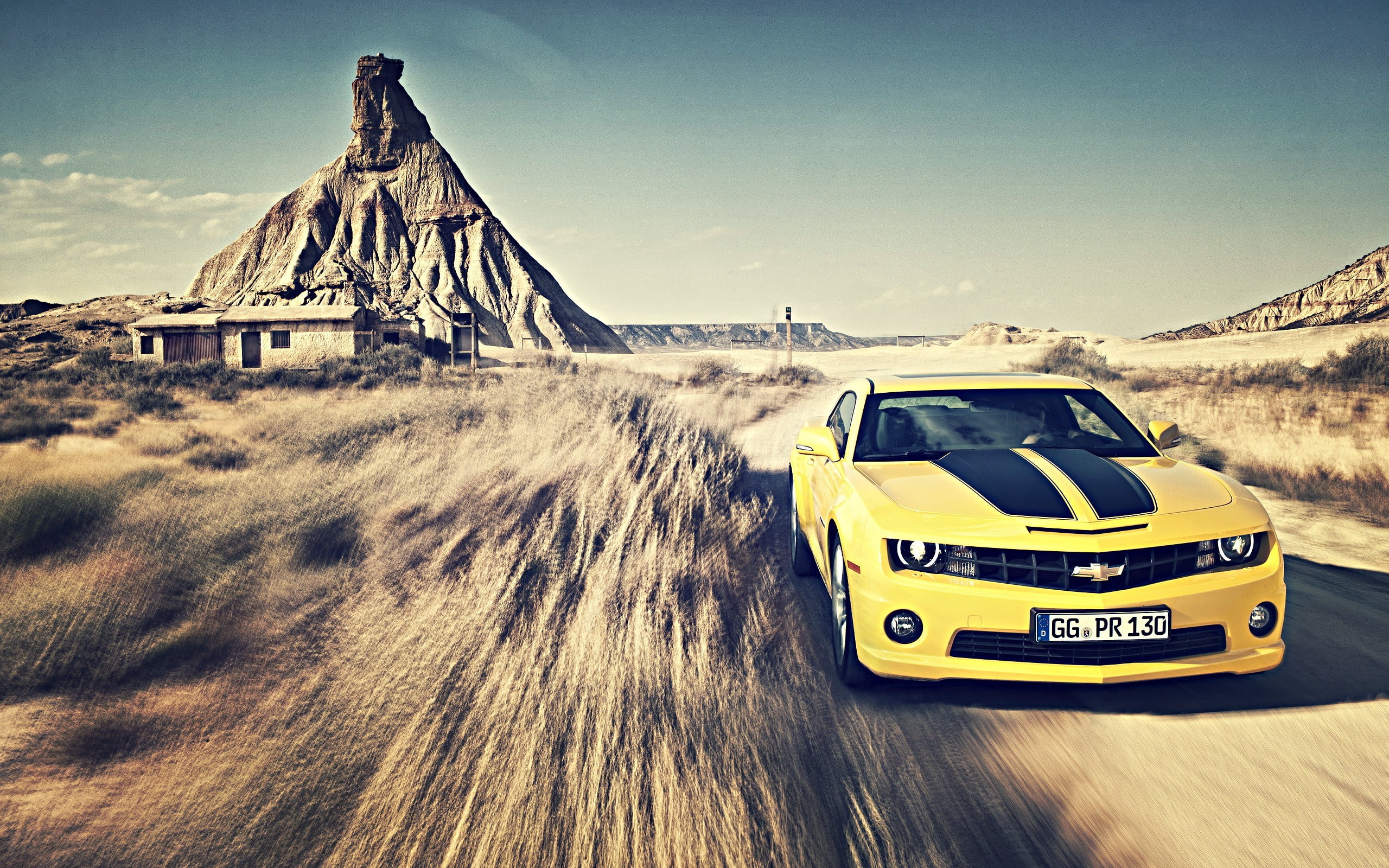 mountain, road, travel, environment, clear sky, architecture, Chevrolet Camaro, Chevrolet, land vehicle, mode of transportation, 2K, Camaro, sky, day, HD Wallpaper