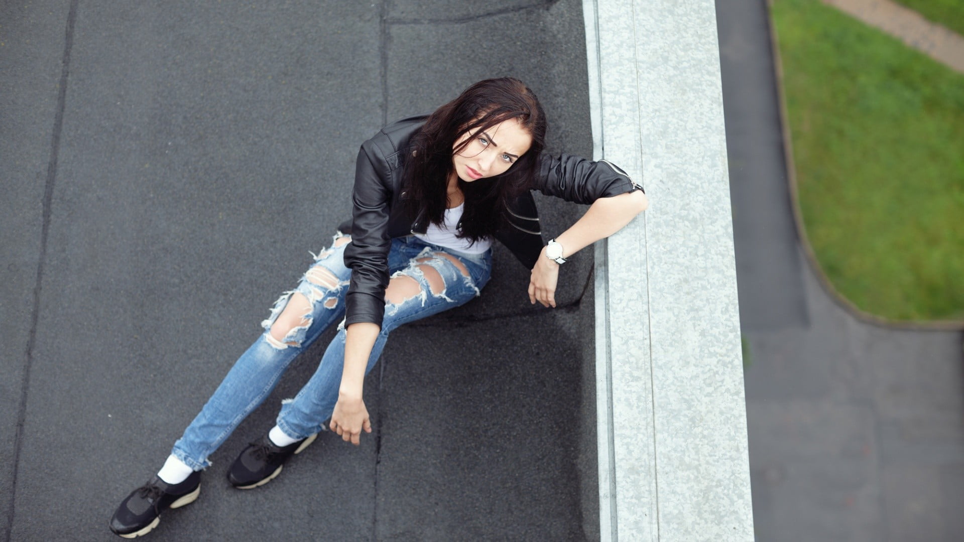 brunette, sitting, long hair, city, teenager, casual clothing, beautiful woman, one person, young women, hair, leather jackets, looking at viewer, Alexey Tsyganov, HD Wallpaper