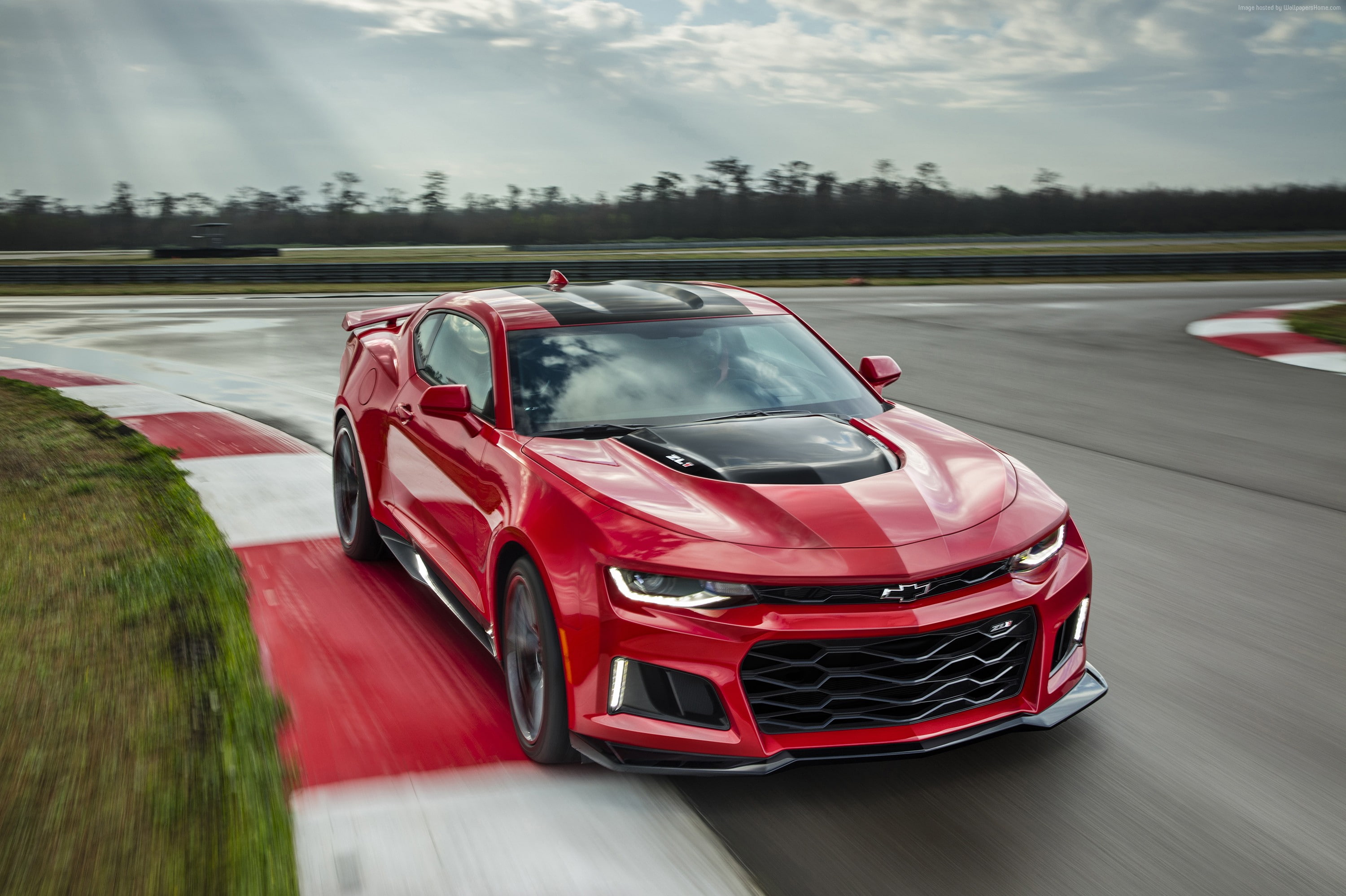car, land vehicle, motor racing track, red, reflection, cloud - sky, blurred motion, transportation, nature, track and field, speed, Chevrolet Camaro ZL1, HD Wallpaper
