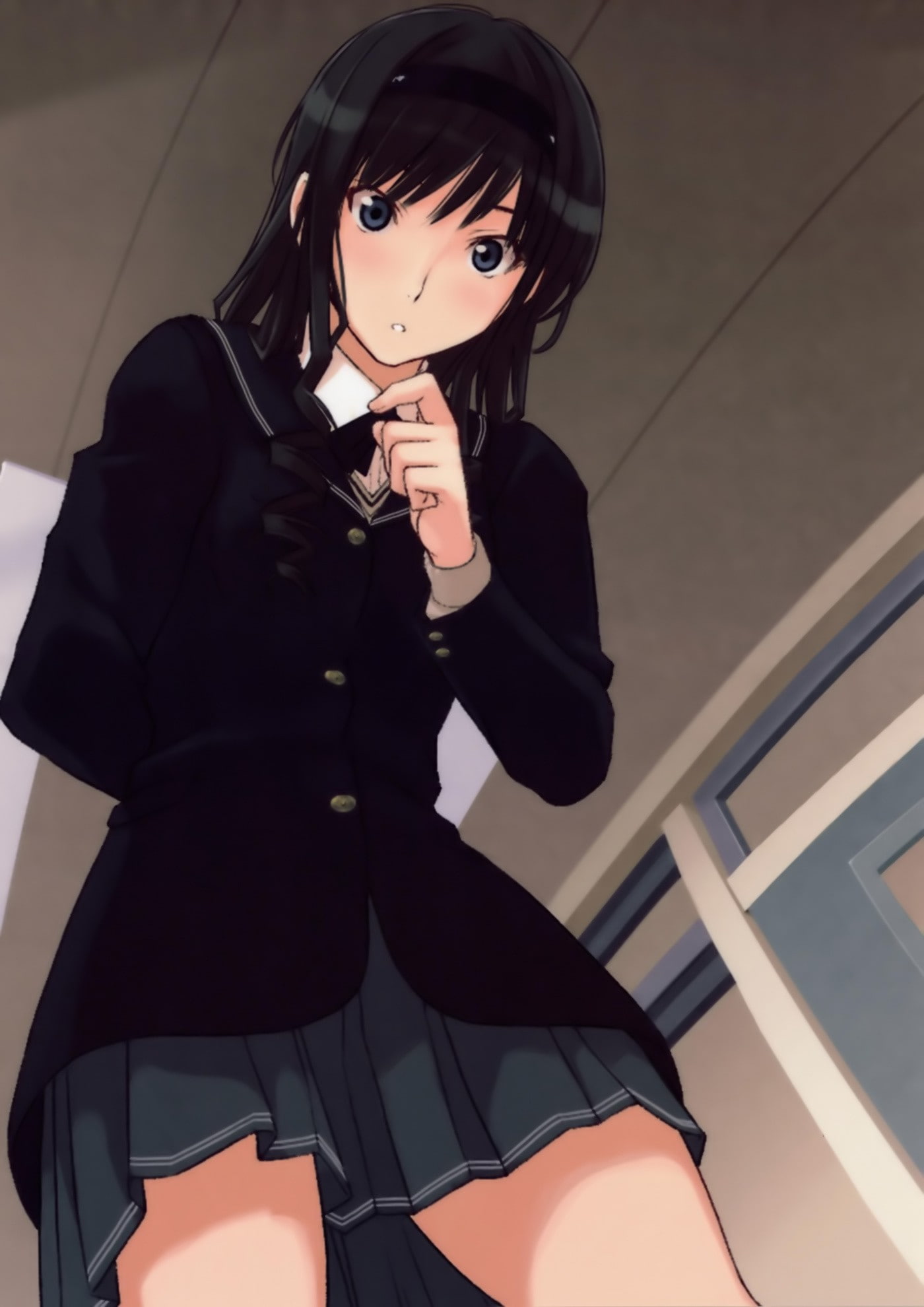 anime girls, one person, depression - sadness, Morishima Haruka, real people, black color, emotion, adult, portrait, lifestyles, looking at camera, clothing, Phone HD Wallpaper