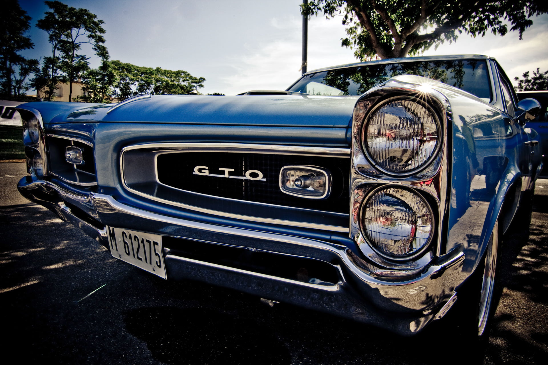 old, stationary, text, land Vehicle, american Culture, shiny, tree, chrome, metal, 1080P, classic, grille, front View, mode of transportation, plant, transportation, HD Wallpaper