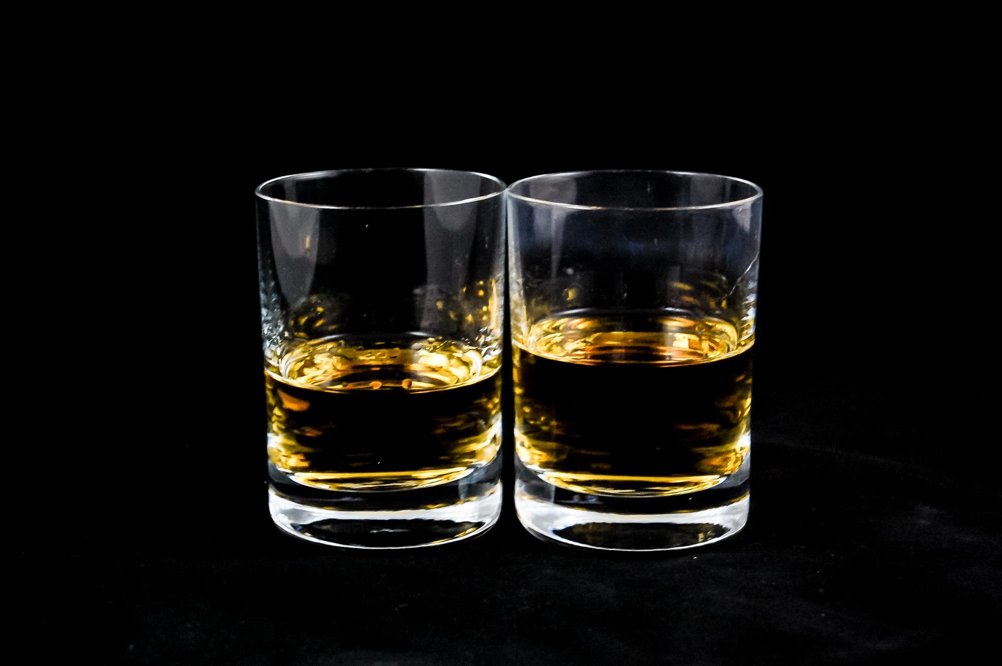 no people, glass, two objects, shot glass, whiskey, the drink, indoors, black background, freshness, 1080P, clear, refreshment, household equipment, alcohol, HD Wallpaper