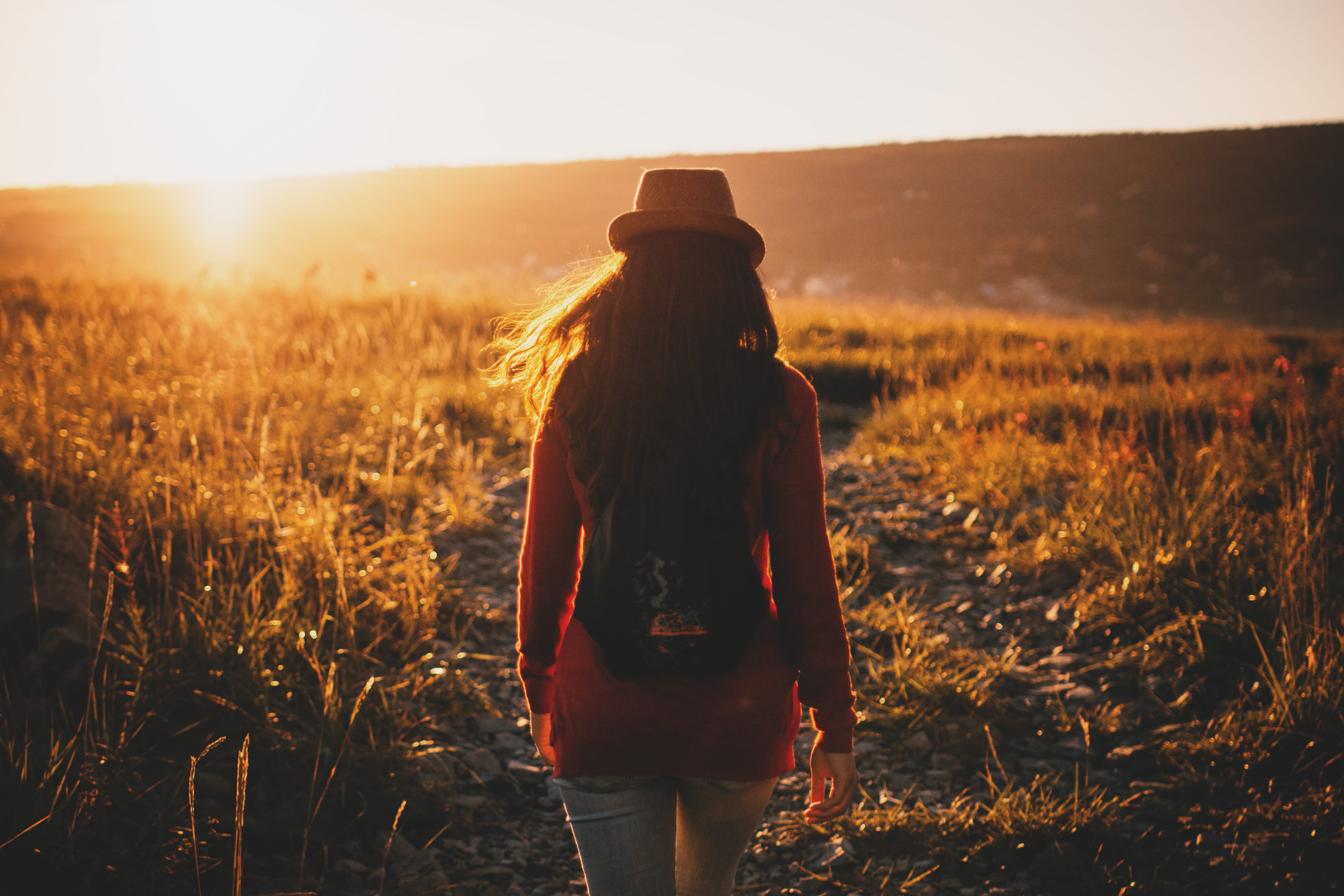 Sunset, cheerful, women, outdoors, lady, hairstyle, three quarter length, red, hour, beauty In Nature, land, sky, enjoyment, females, rural Scene, top, HD Wallpaper