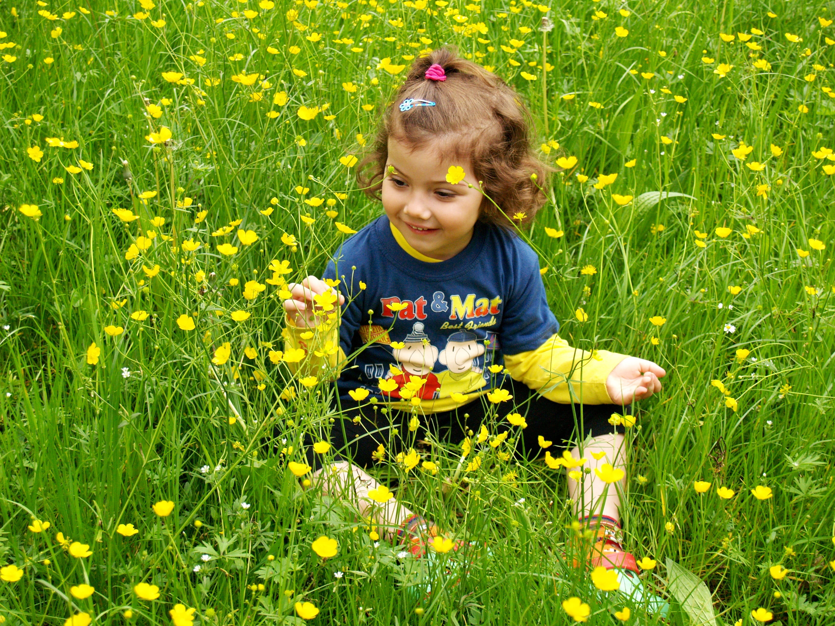 people, field, plant, outdoors, fun, playing, flower head, green Color, babies And Children, small, childhood, springtime, front view, smiling, caucasian Ethnicity, HD Wallpaper
