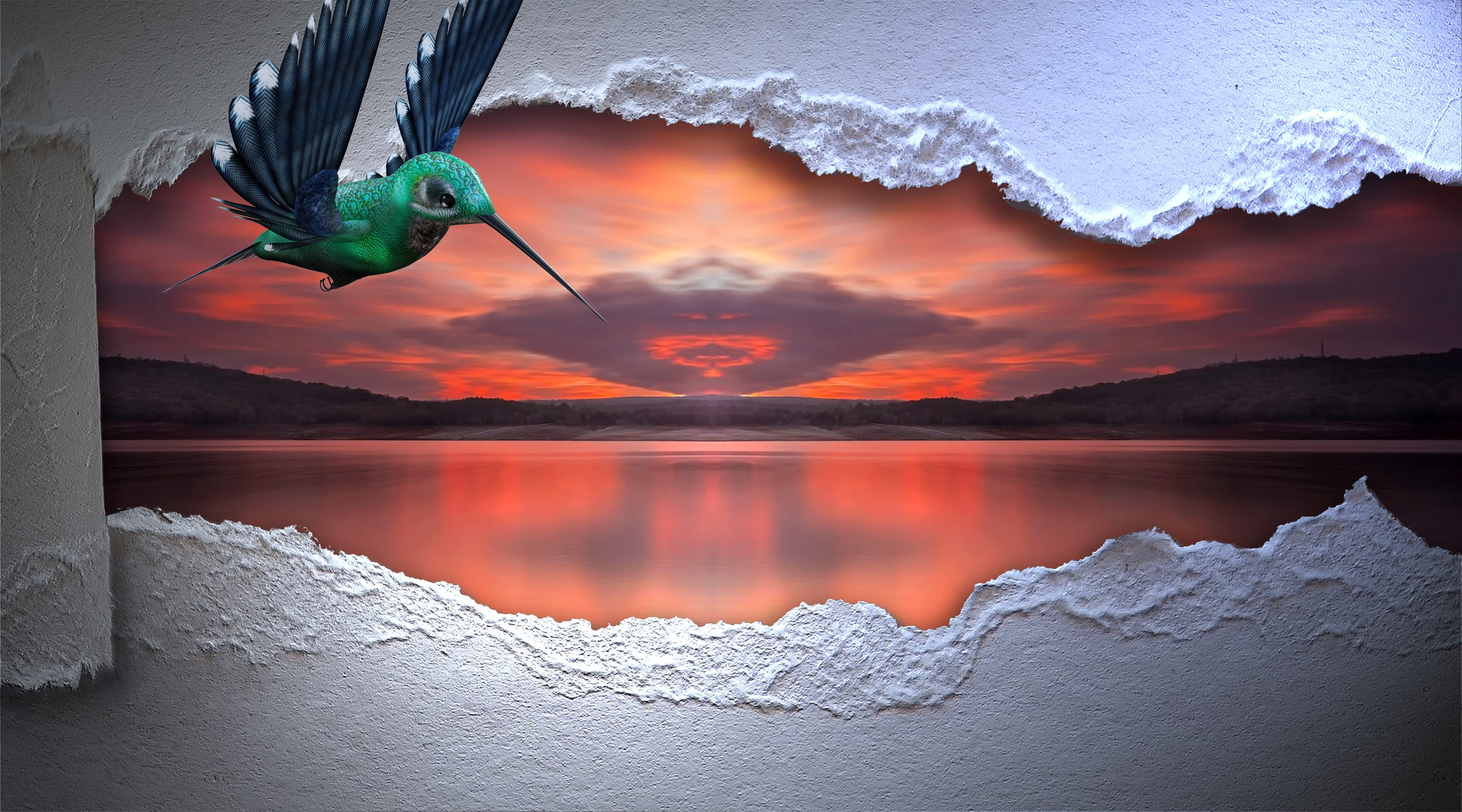 sunset, day, hummingbird, painting, paper, green, tranquility, no people, breakthrough, longing, flying, nature, paradise, water, afterglow, mountain, dom, HD Wallpaper