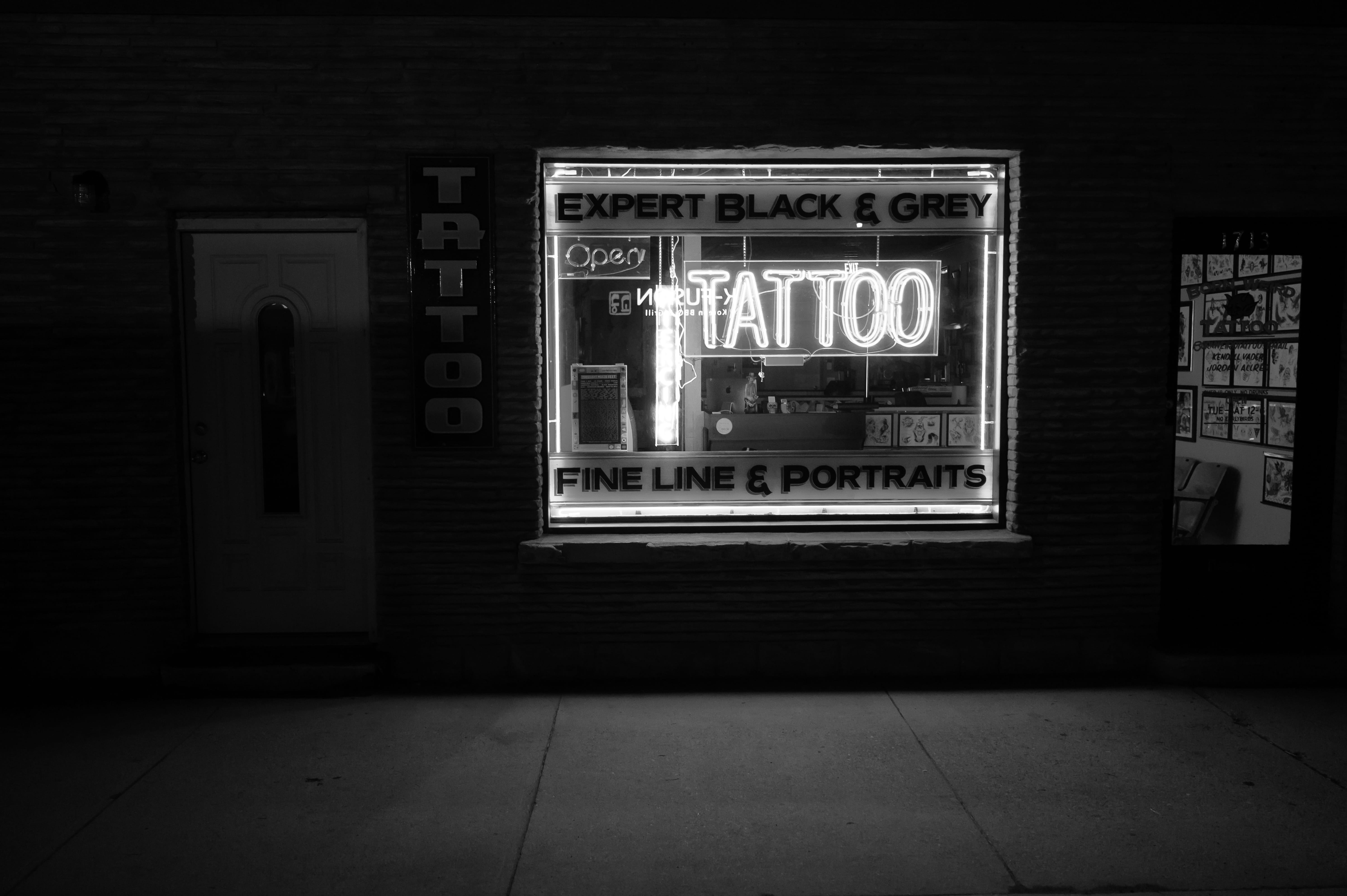 photo, building, neon light, urban, front door, tiled floor, signage, building exterior, neon sign, tattoo shop, exterior, illuminated, window, footpath, HD Wallpaper