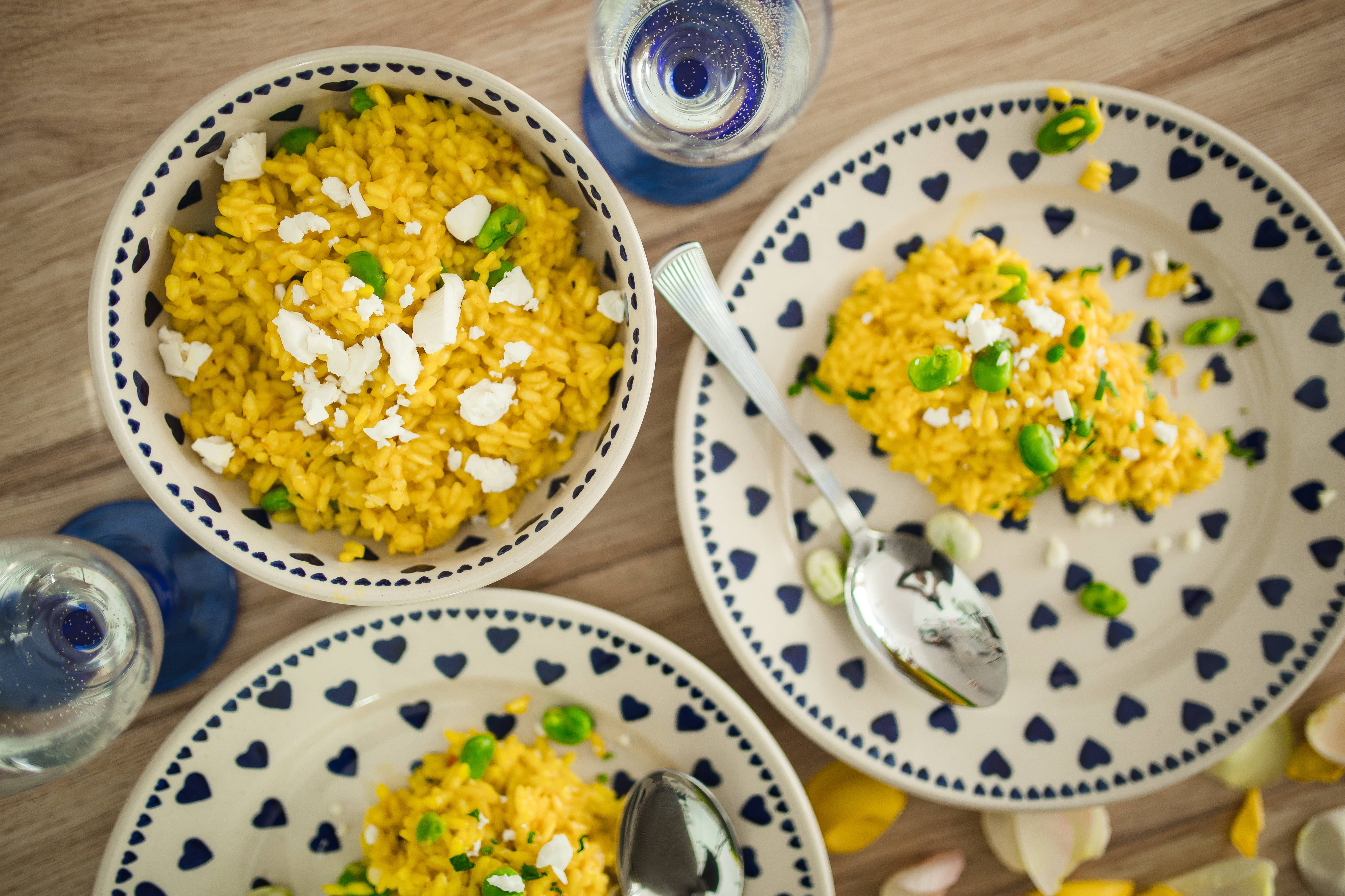 still life, bean, hearts, food And Drink, broad, bowl, indulgence, high angle view, petals, cultures, freshness, temptation, yellow, plate, Risotto, eating utensil, HD Wallpaper