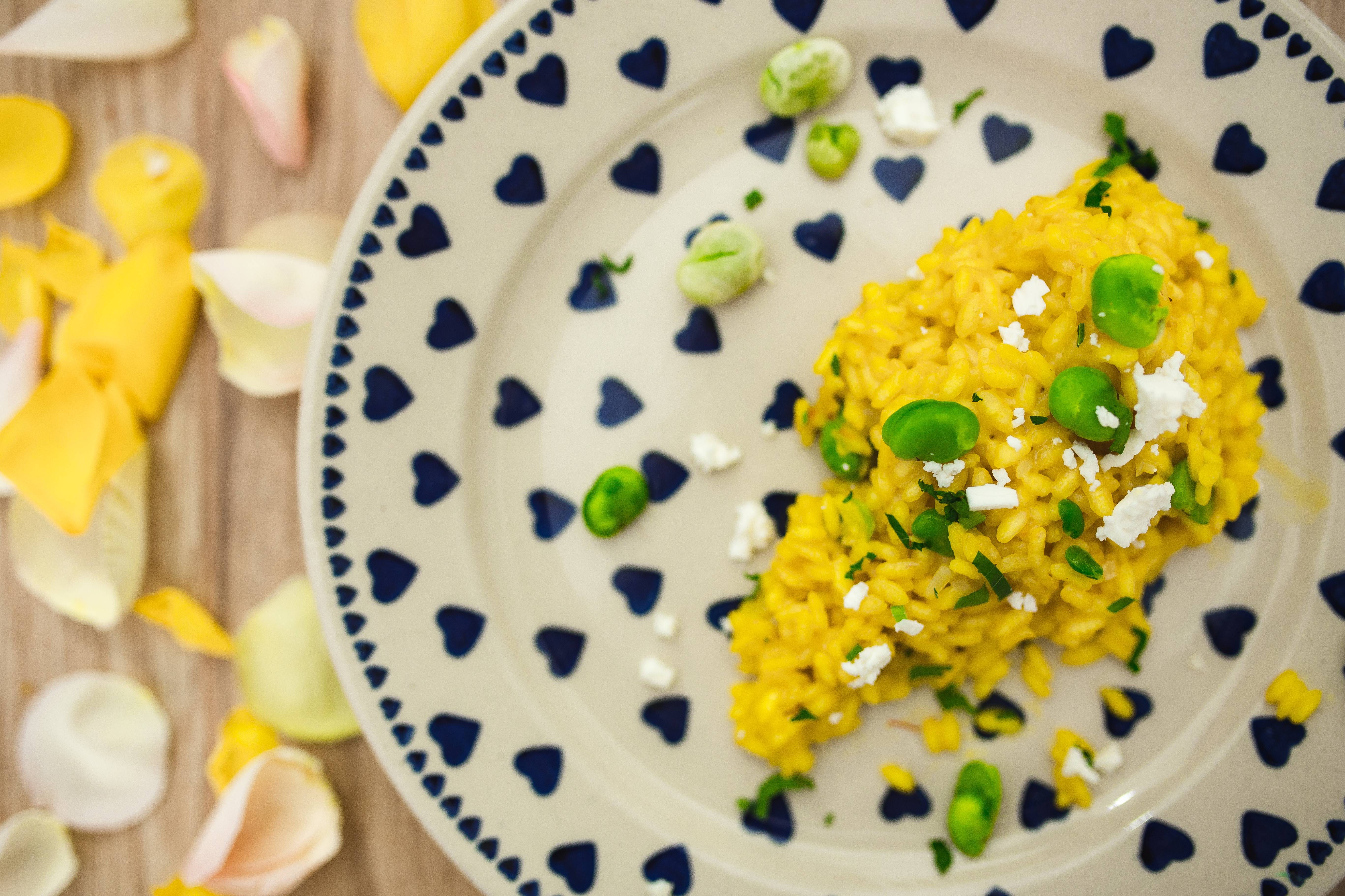food, close-up, Risotto, plate, lovely, rice, floral pattern, petals, garnish, ready-to-eat, meal, still life, romantic, indulgence, indoors, broad bean, HD Wallpaper