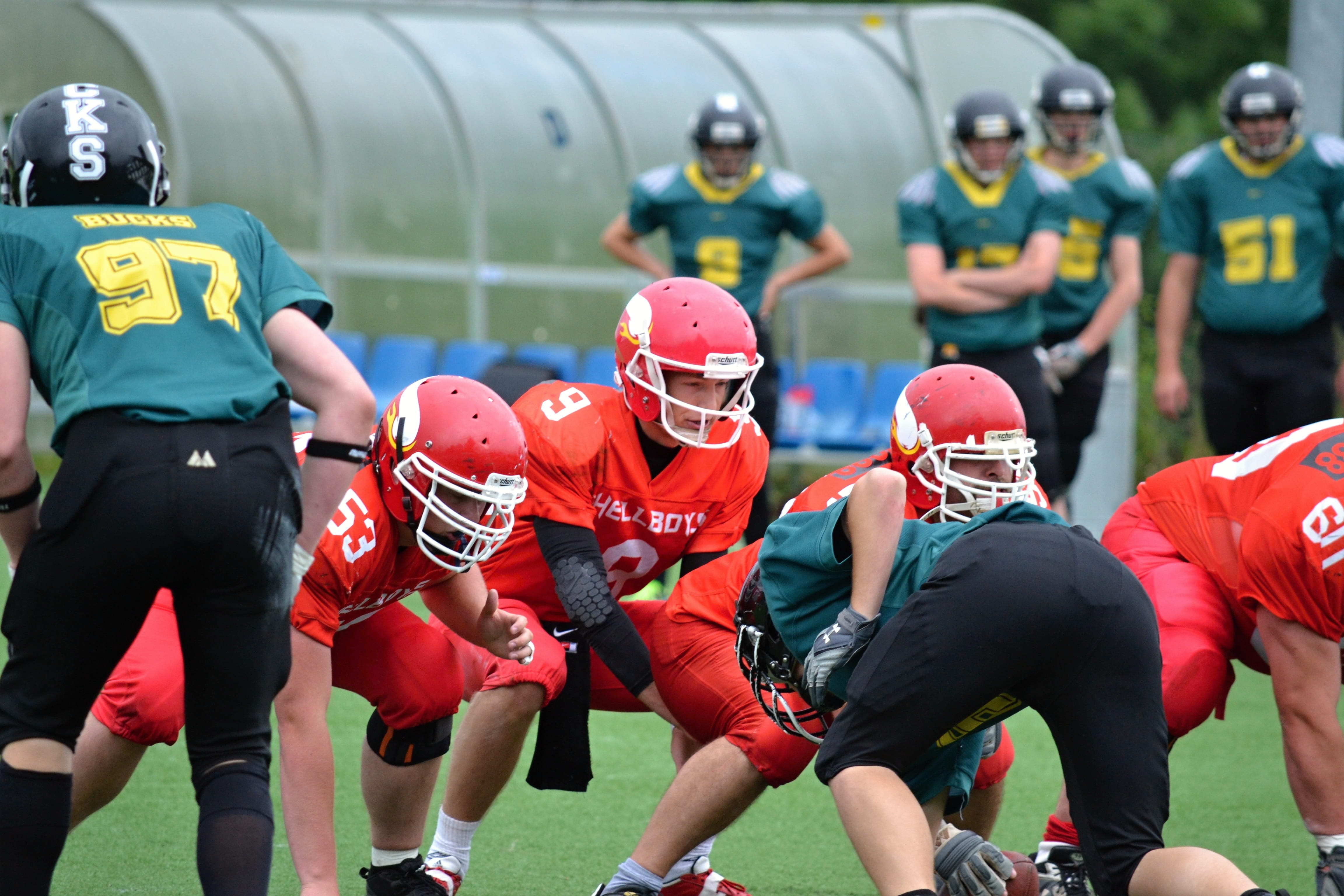 american football - ball, athlete, teamwork, courage, american football player, placement, challenge, jerseys, rules, group of people, 4K, playing, day, HD Wallpaper