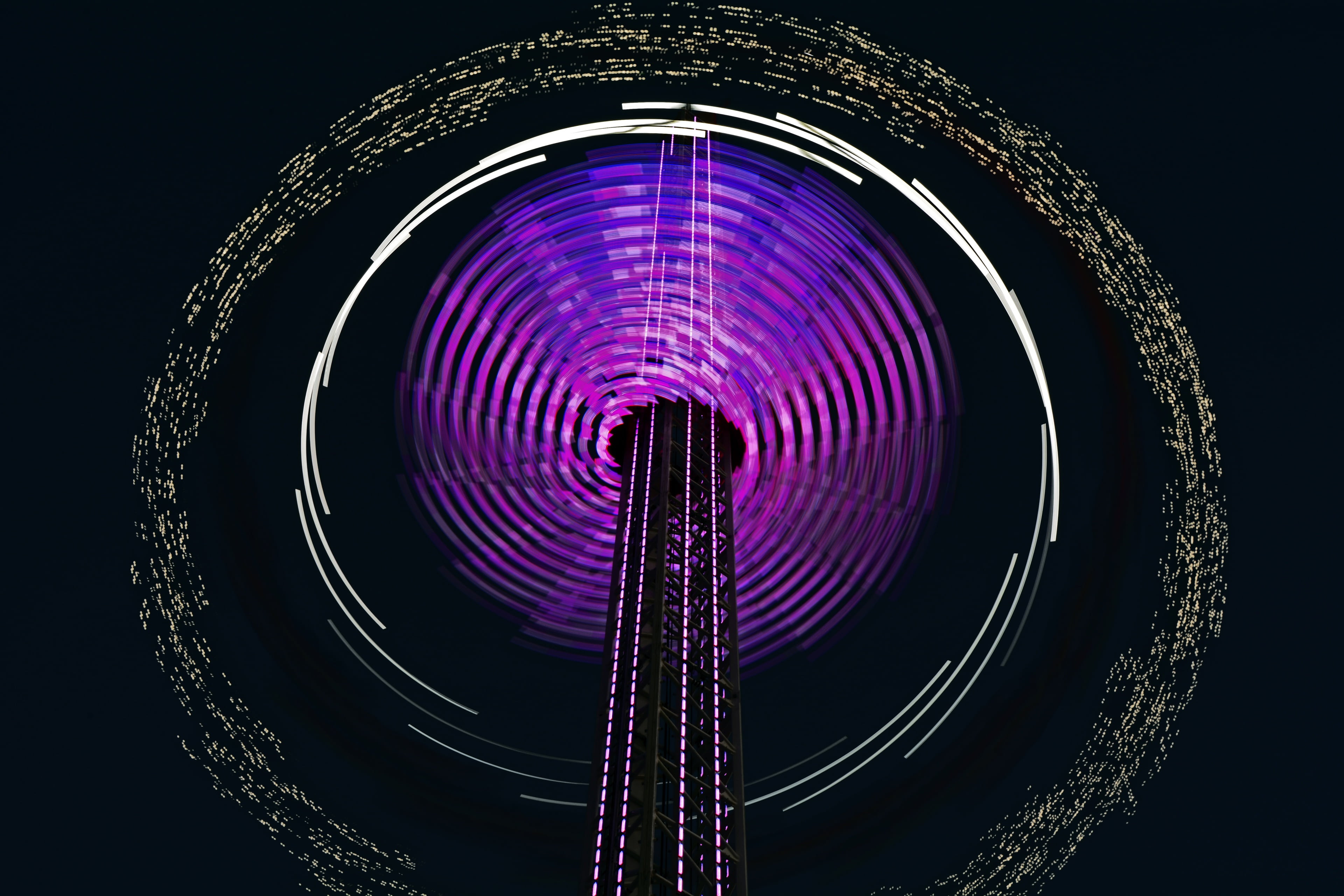 indoors, height, shape, circle, illustration, hustle and bustle, no fear of heights, purple, lights, white, sit, upward, leisure, colorful, 4K, architecture, HD Wallpaper