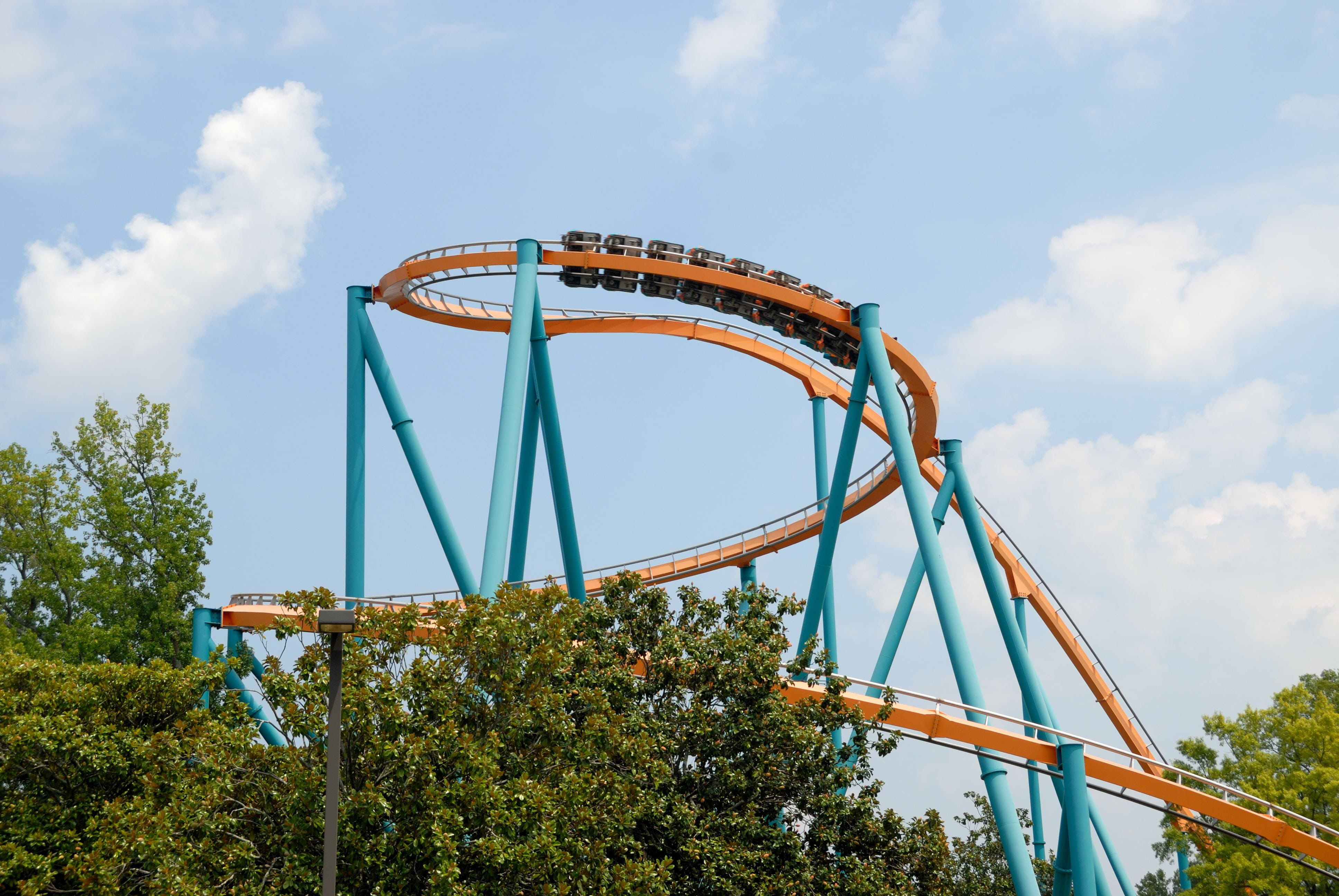 low angle view, day, architecture, amusement Park Ride, nature, tall - high, green color, structure, tree, high, joy, traveling Carnival, coaster, cloud - sky, HD Wallpaper