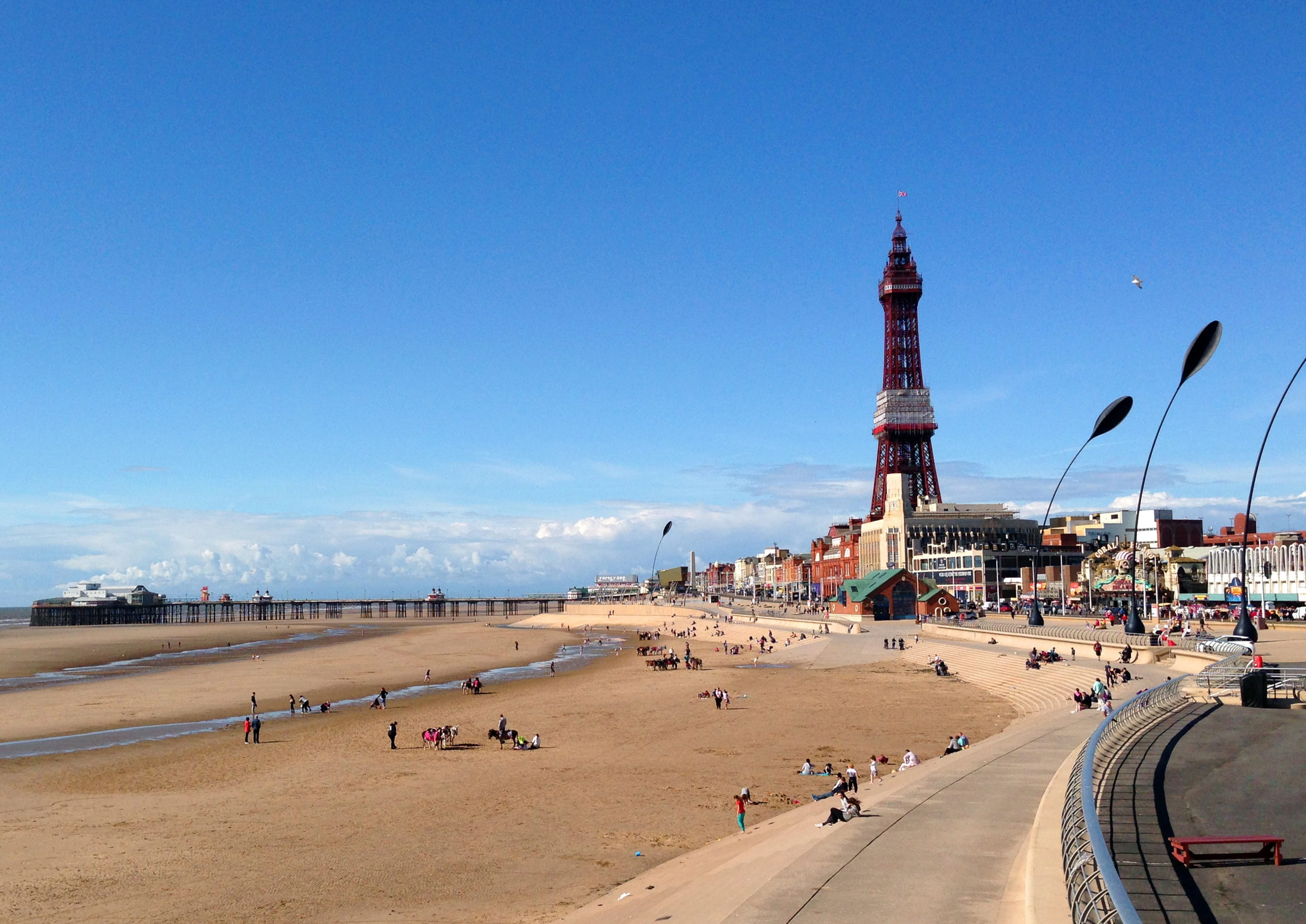 day, pier, lancashire, vacation, tourism, blue, travel destinations, blackpool, copy space, sky, nature, land, building, summer, landscape, holiday, city, HD Wallpaper