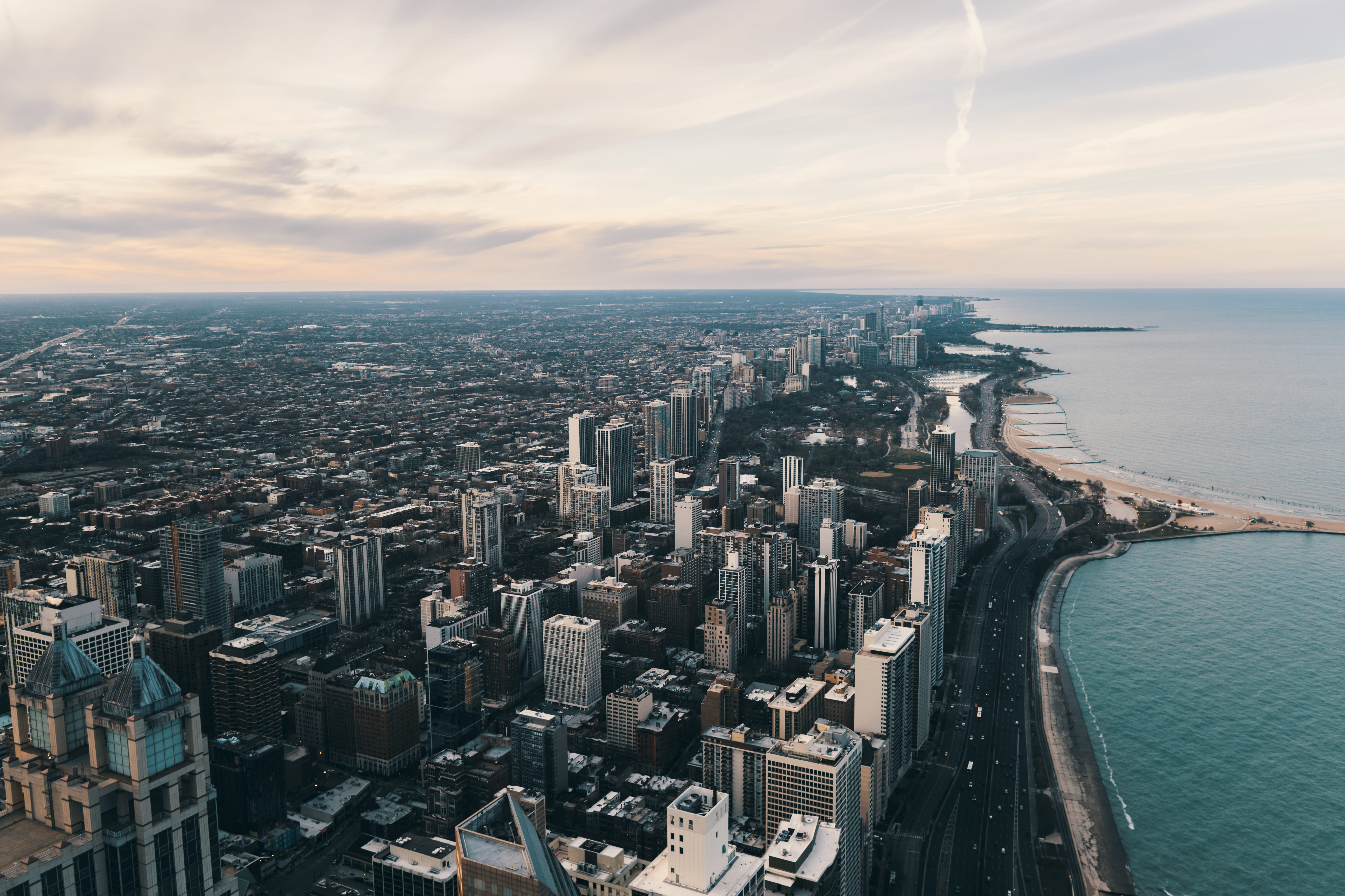 Chicago, aerial, tall - high, residential district, downtown District, urban Scene, city, york, city view, cloud - sky, 5K, angle, water, outdoors, horizon, HD Wallpaper