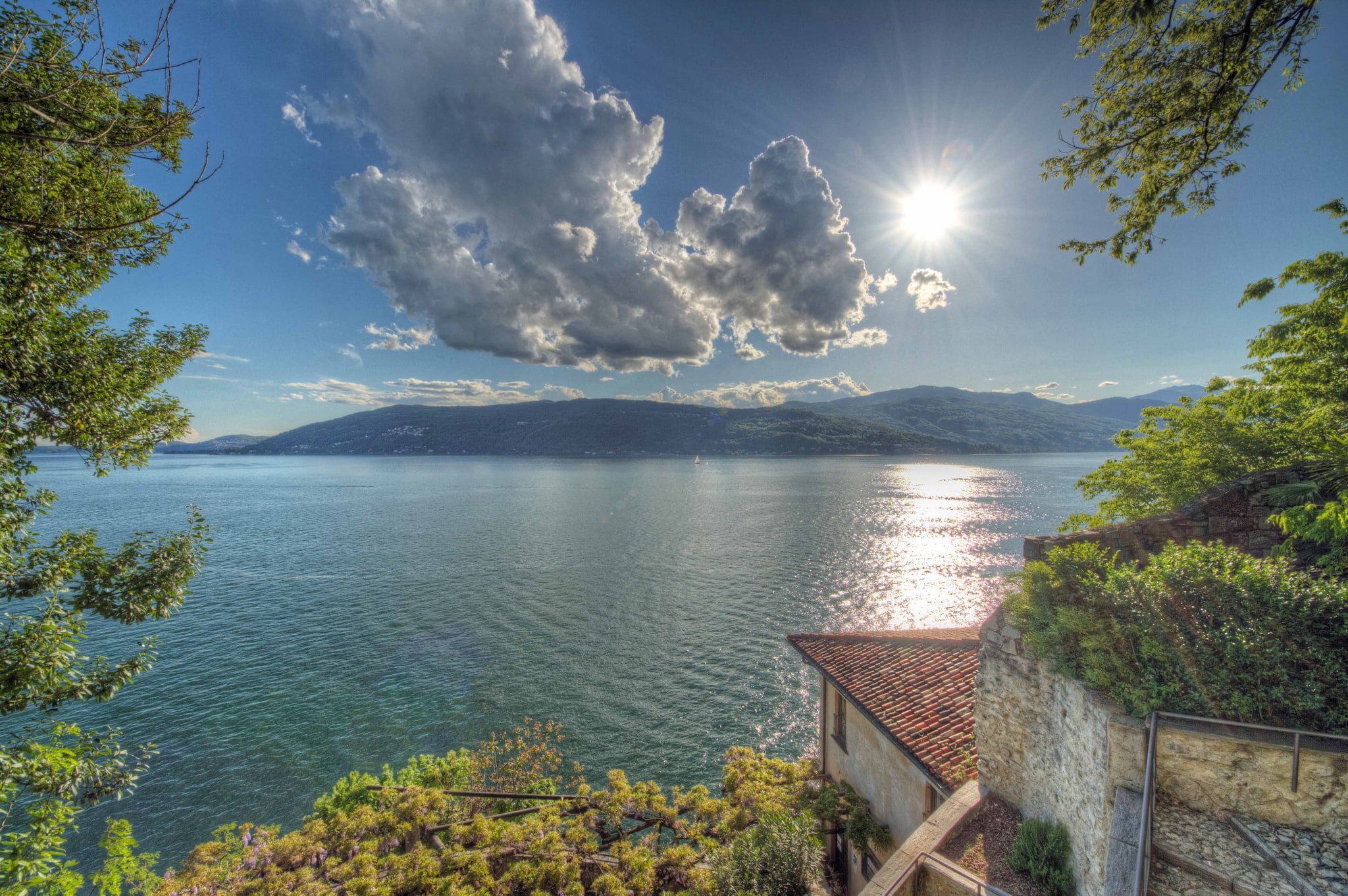 water surface, Leggiuno, lake, Lake Maggiore, Varese, 1080P, Lombardia, Lombardy, mountains, Maggiore, Italy, clouds, trees, green, HD Wallpaper