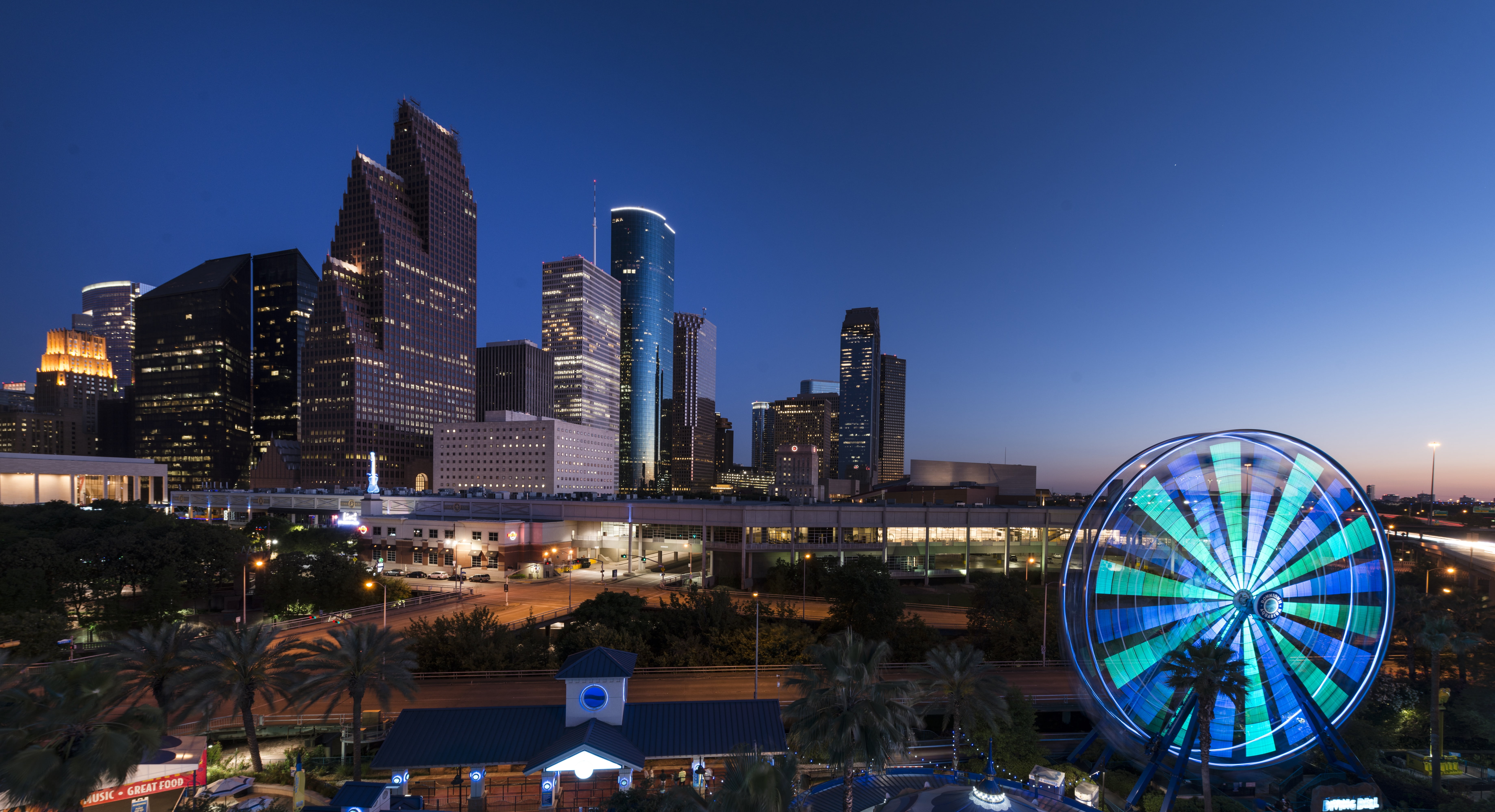 urban Skyline, united states, nature, houston, amusement park, 5K, skyscraper, big city, skyscrapers, building, landscape, outdoors, ferris wheel, travel destinations, HD Wallpaper