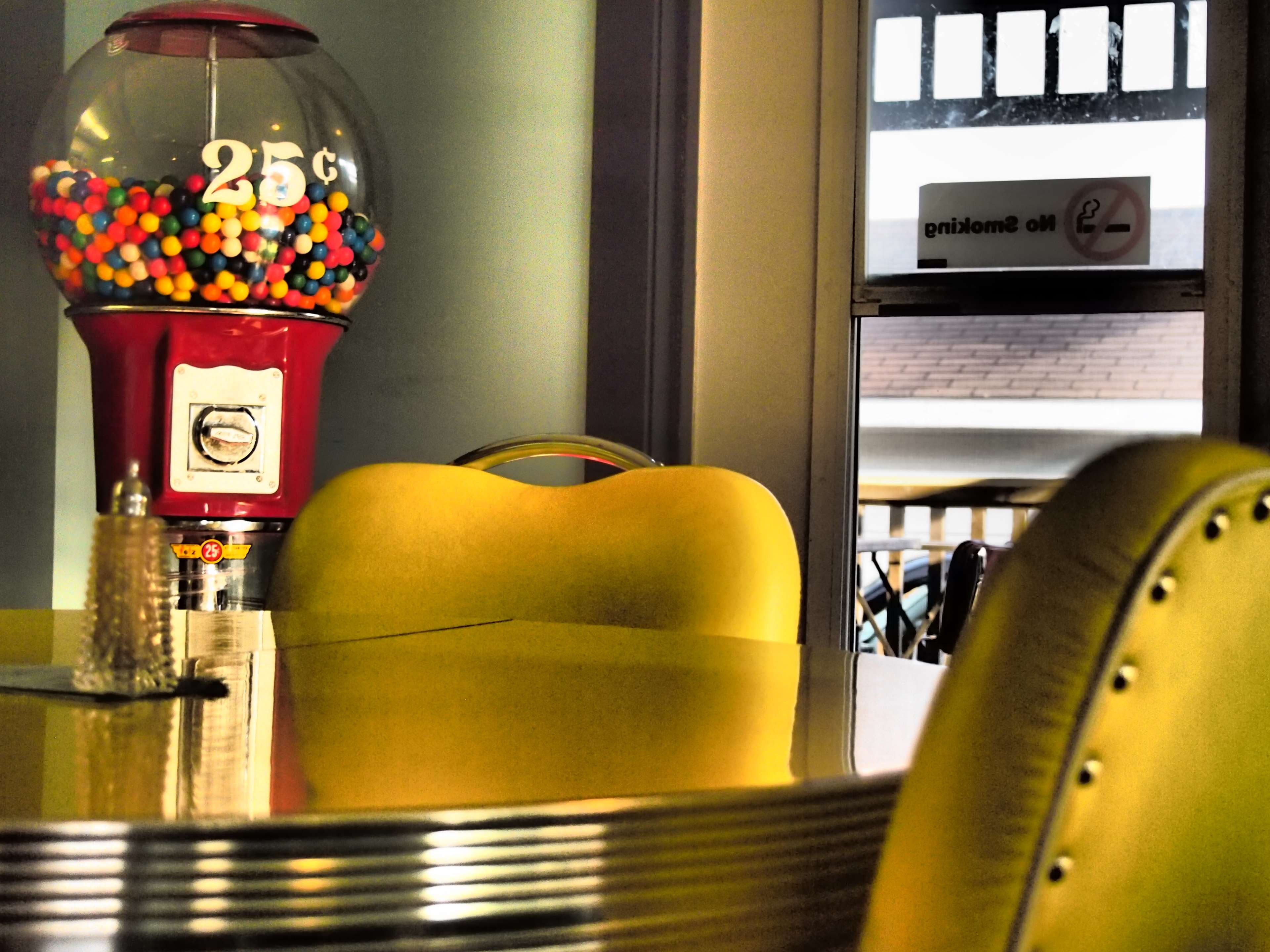 chairs, technology, indoors, table, food and drink, yellow, text, wall - building feature, rail transportation, bubble gum, no people, communication, transportation, HD Wallpaper