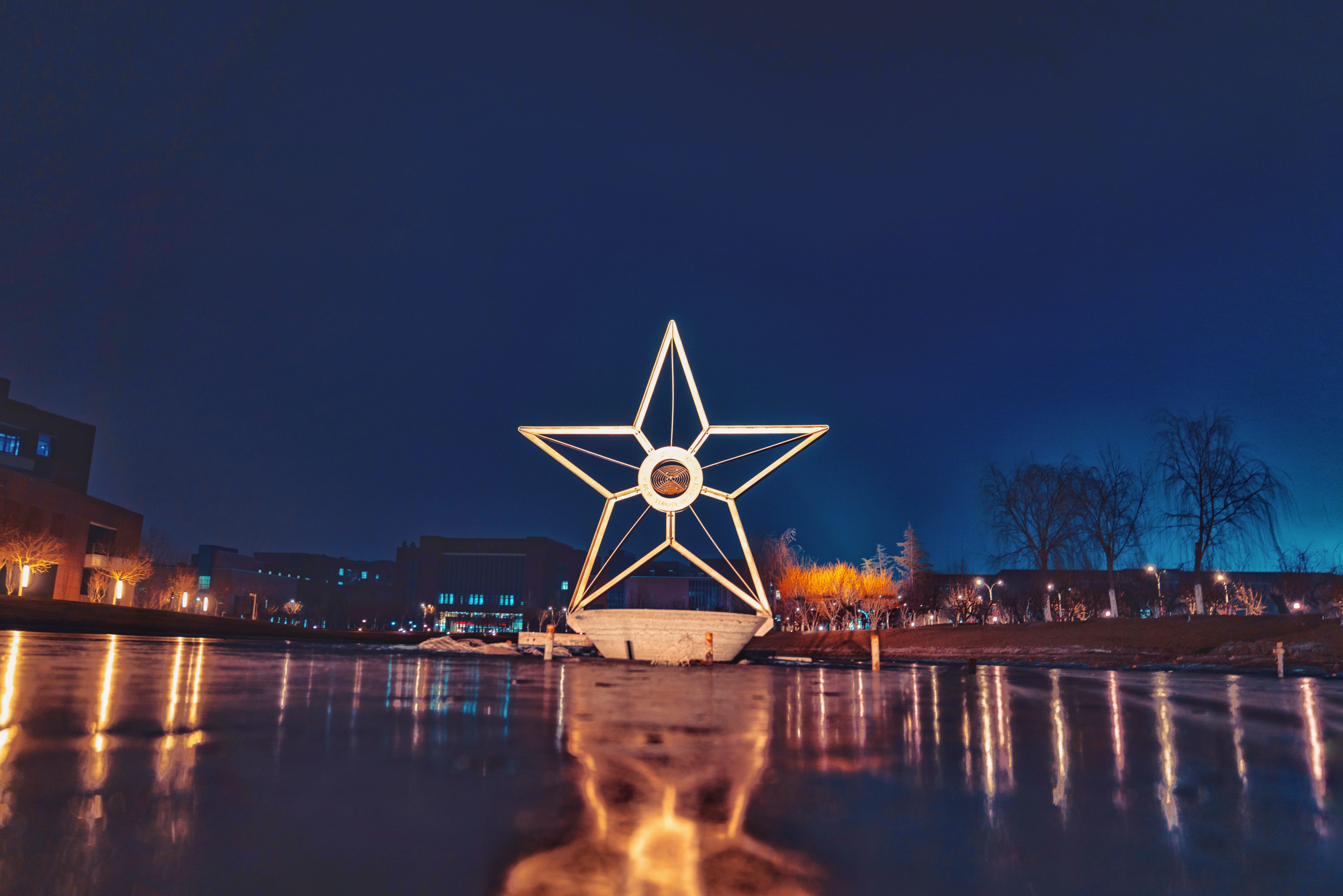 pattern, city, downtown, star, nature, lighting, night, walkway, town, fuel and power generation, lake, illuminated, symbol, clear sky, building exterior, HD Wallpaper