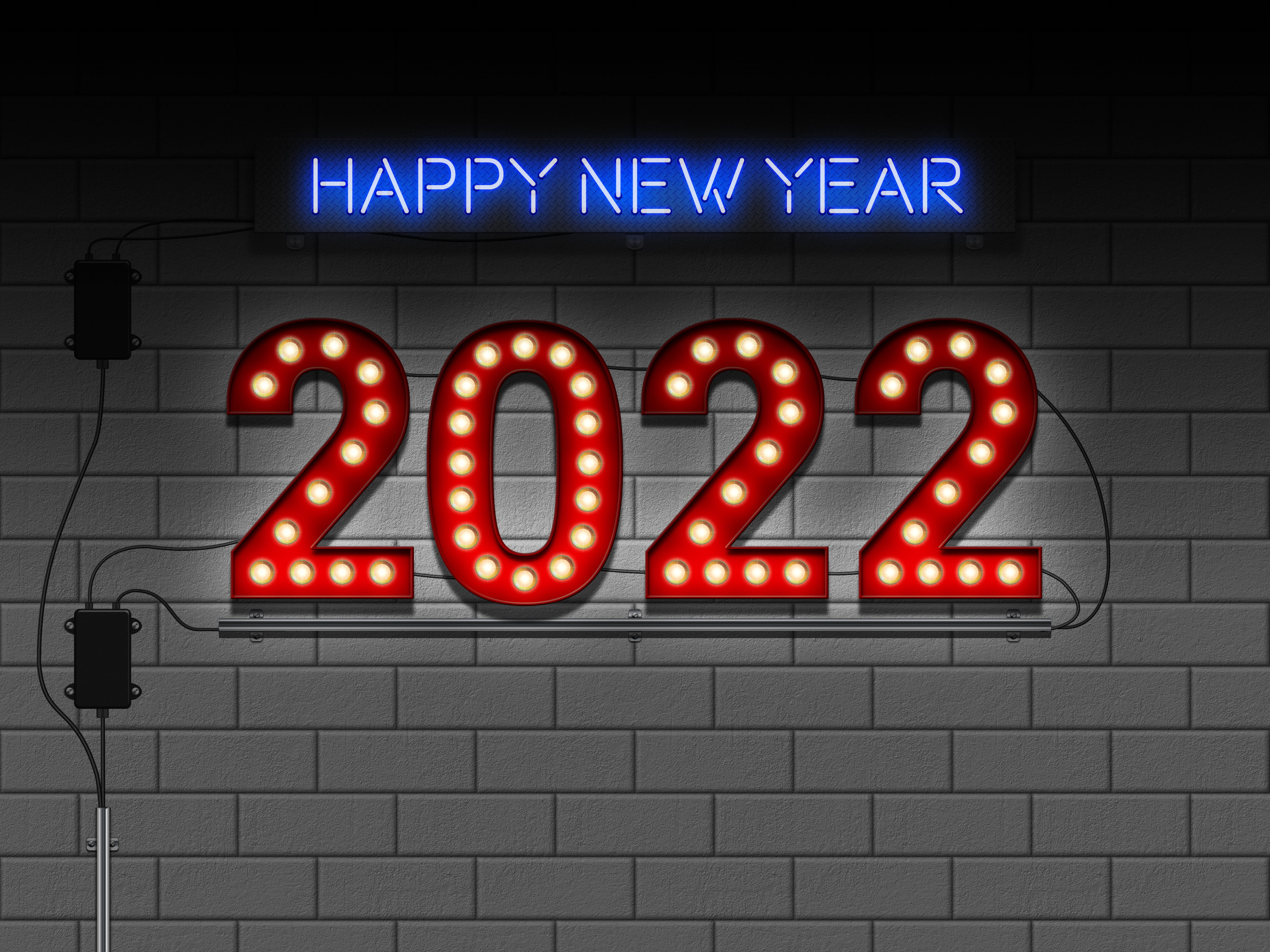 4K, Happy New Year, 2022 (Year), bulb lights, neon sign, HD Wallpaper
