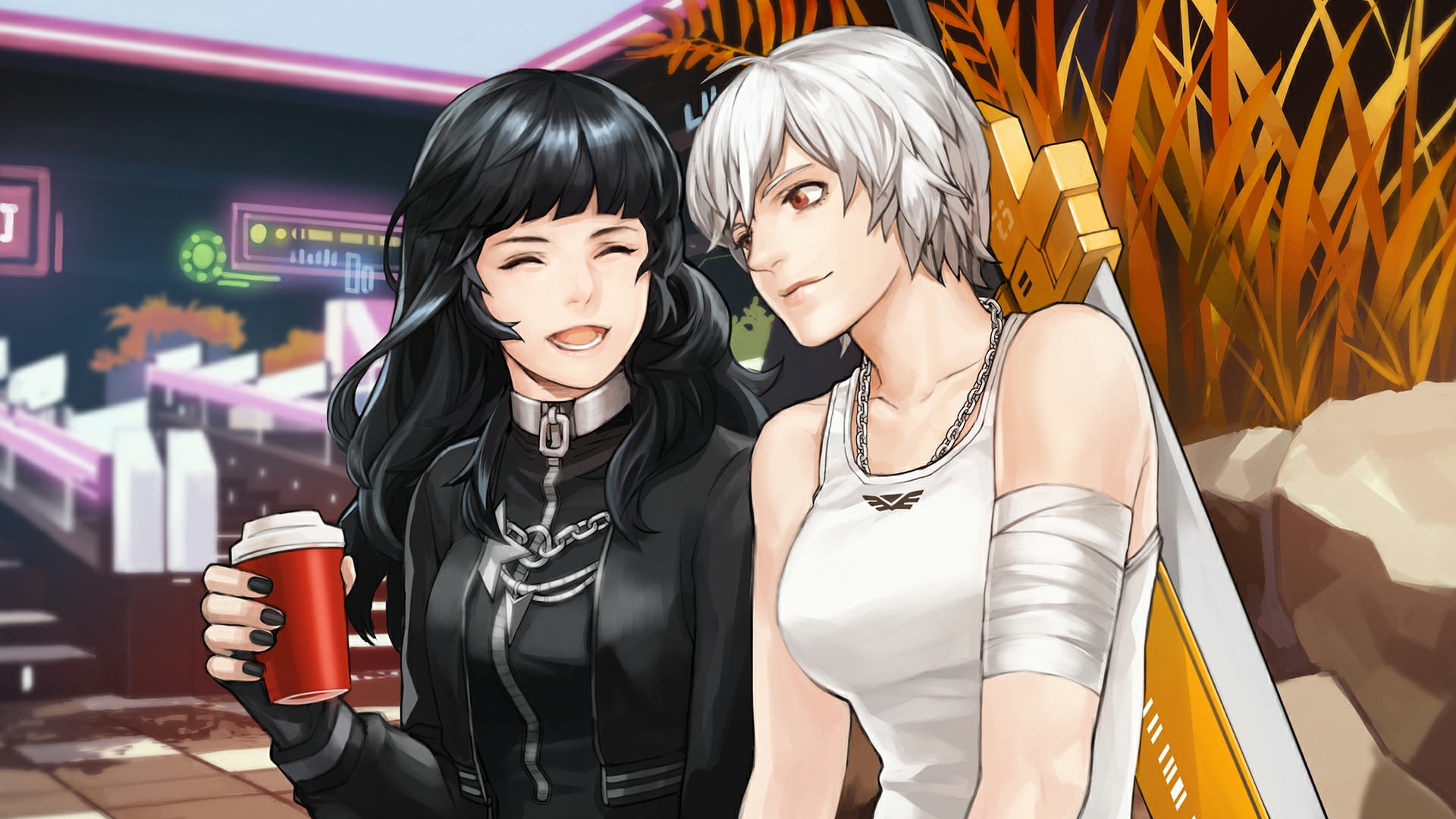 dark hair, red eyes, Bushes, coffee, neon, vest, relaxing, black hair, sword, Bodyguard, silver hair, Smile, TROUBLESHOOTER, 1080P, gothic lolita, video games, HD Wallpaper