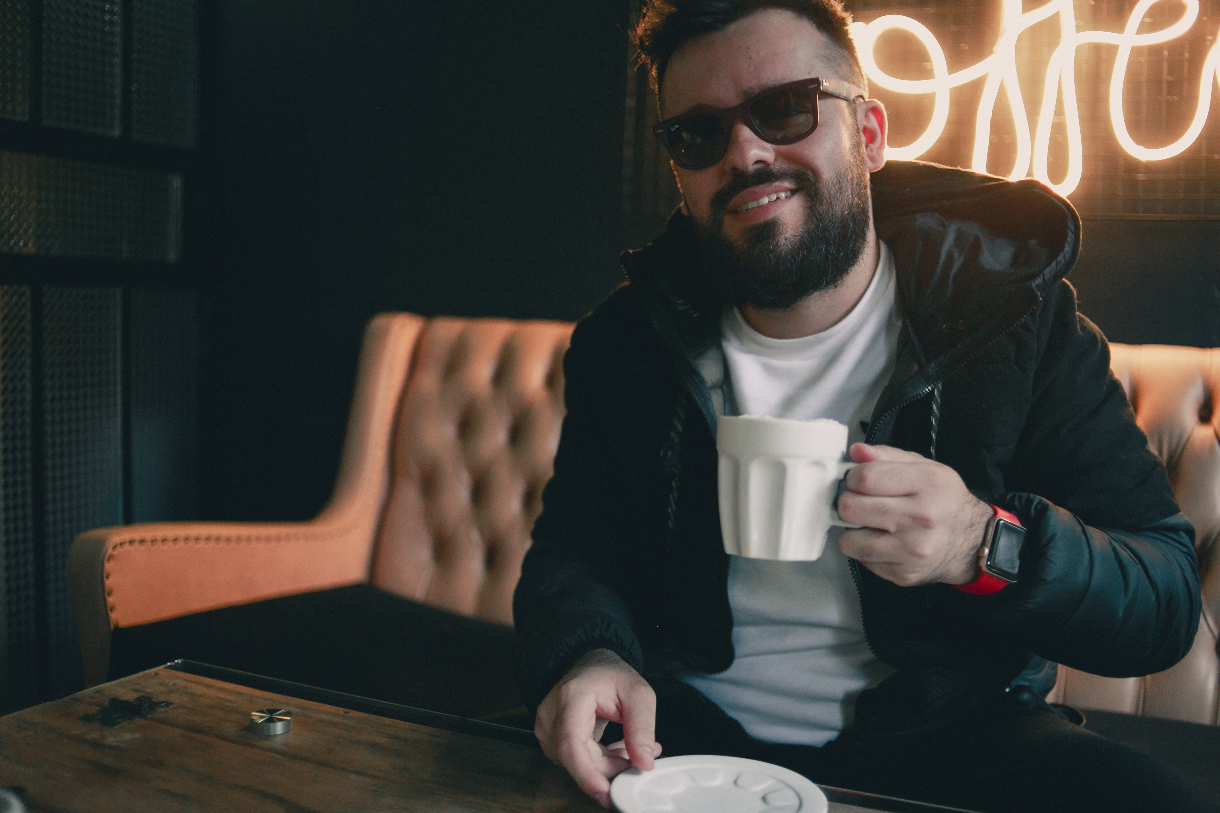 coffee, beard, 4K, mug, drink, hipster - person, sunglasses, neon, facial hair, coffee - drink, food and drink, happy, cafe, men, drinking, man, coffee cup, HD Wallpaper