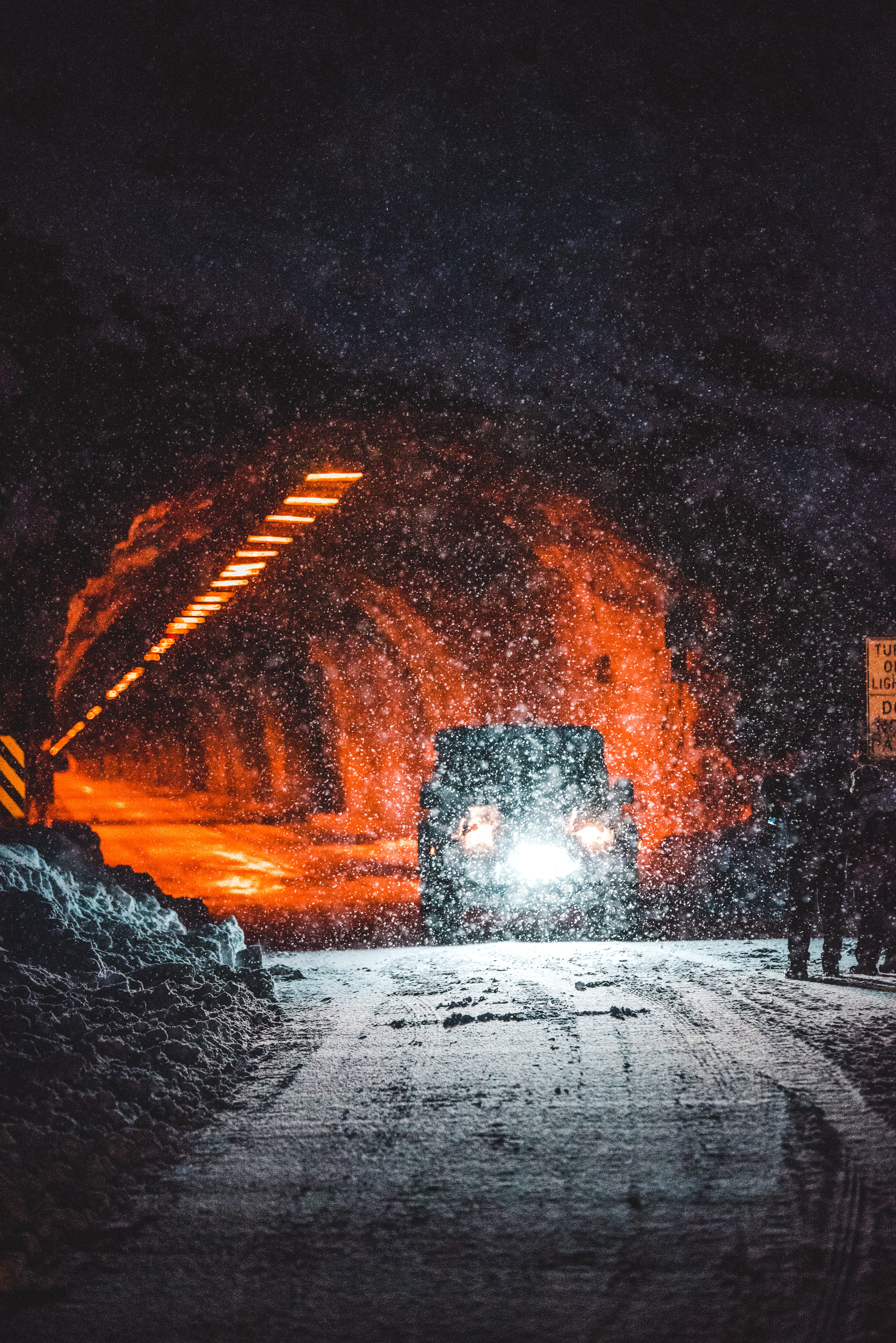 night, landscape, tunnel, nighttime, outdoors, glowing, car, wet, untitled, mode of transportation, no people, winter, motion, direction, light, snowing, Phone HD Wallpaper