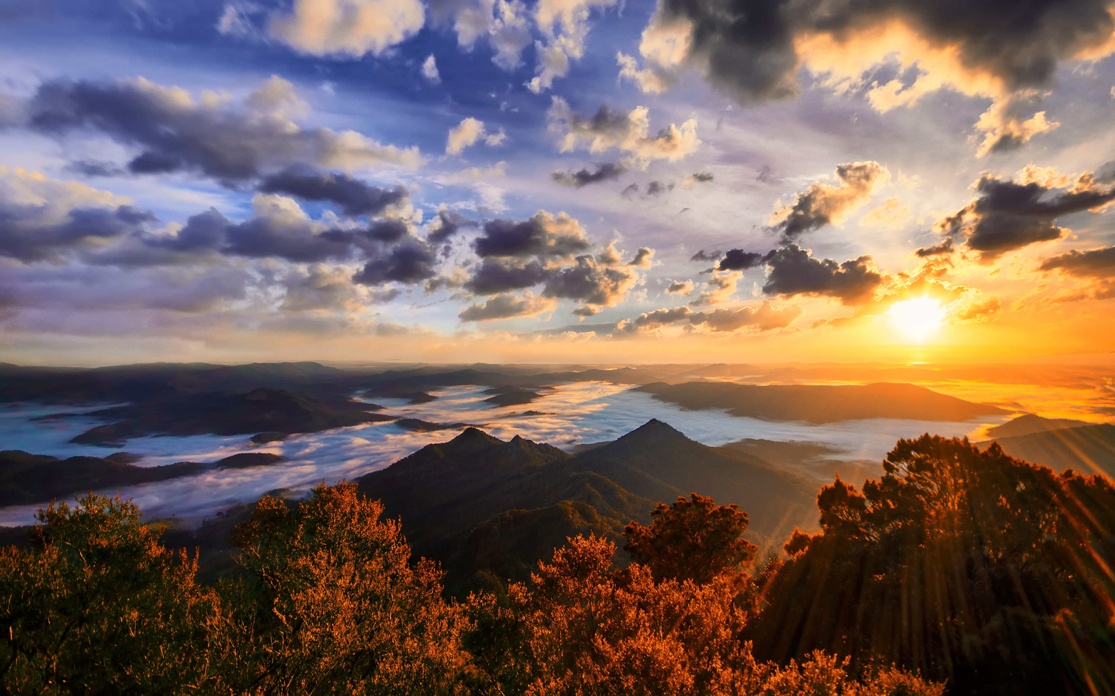 sunsets, nature, mountain, tranquility, idyllic, 4K, clouds, cloud - sky, scenics - nature, no people, sky, mountain range, orange color, environment, HD Wallpaper