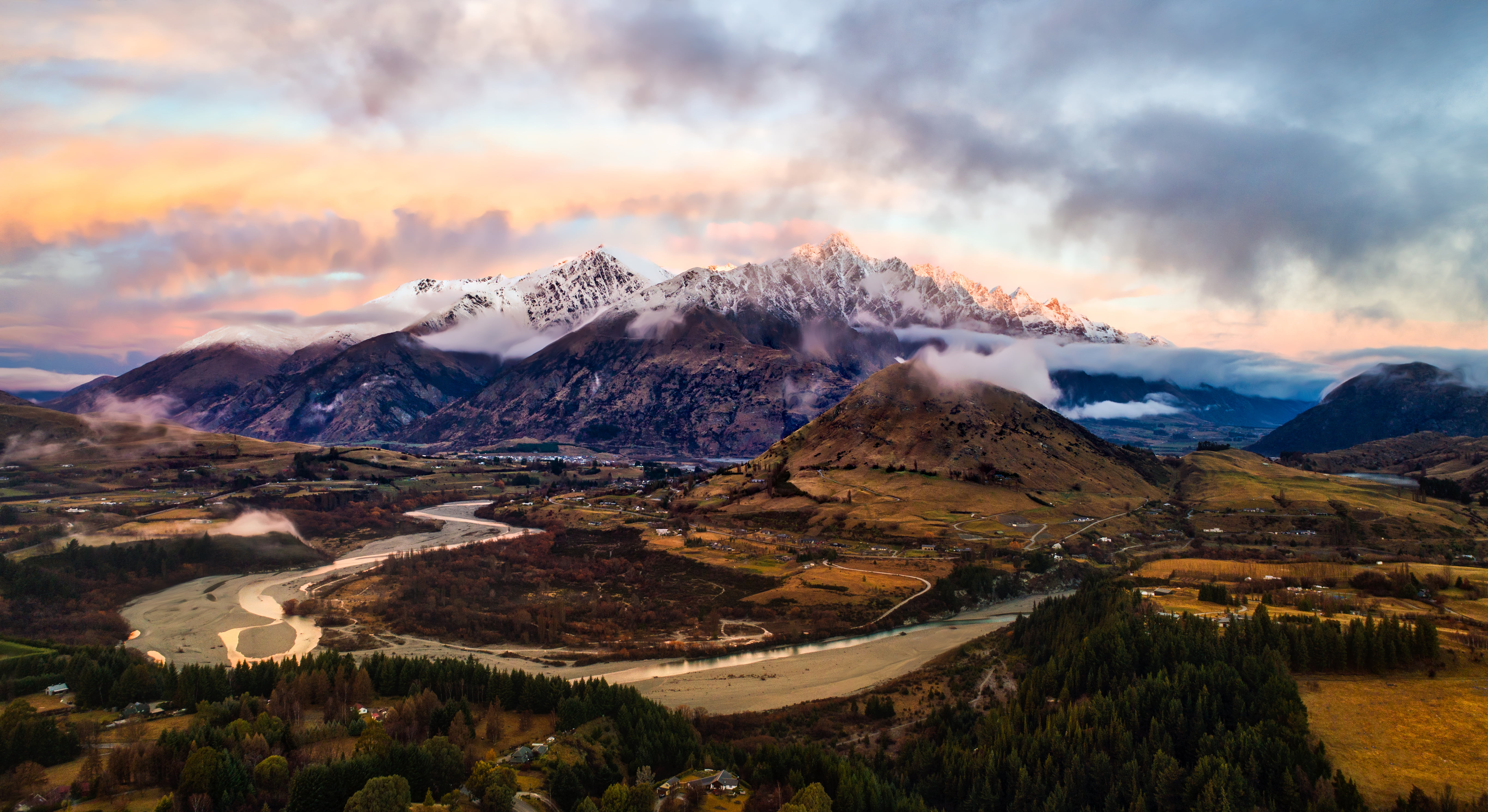 5K, autumn, beauty In Nature, snow, photo, landscape, Queenstown, New Zealand, nature, Sunset, lanscape, com, scenics, mountain, covered, outdoors, mountain Peak, HD Wallpaper