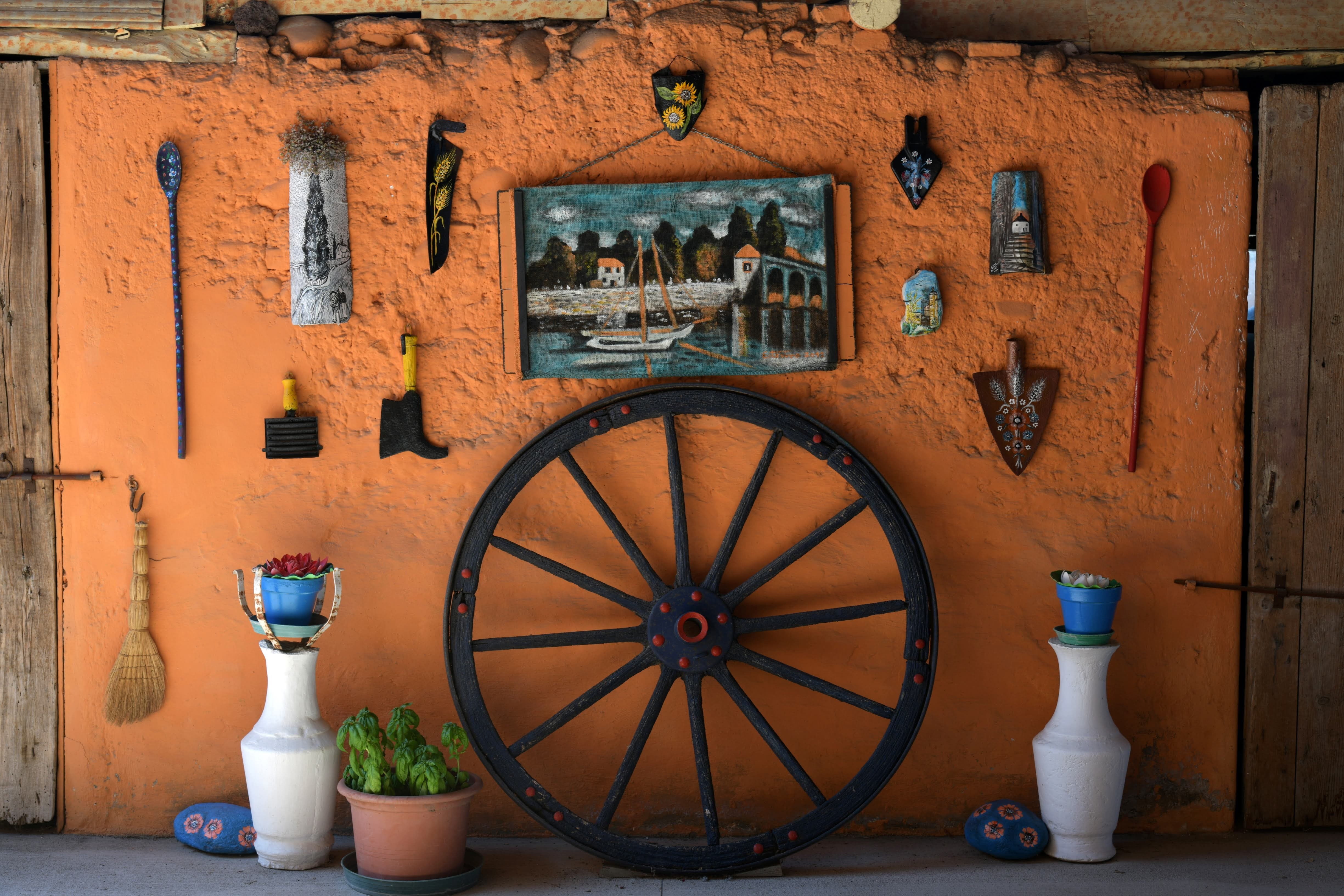 plant, outdoors, wheel, wood - material, no people, rustic, architecture, orange color, orange, day, decoration, leaning, shape, antique, black, art and craft, HD Wallpaper