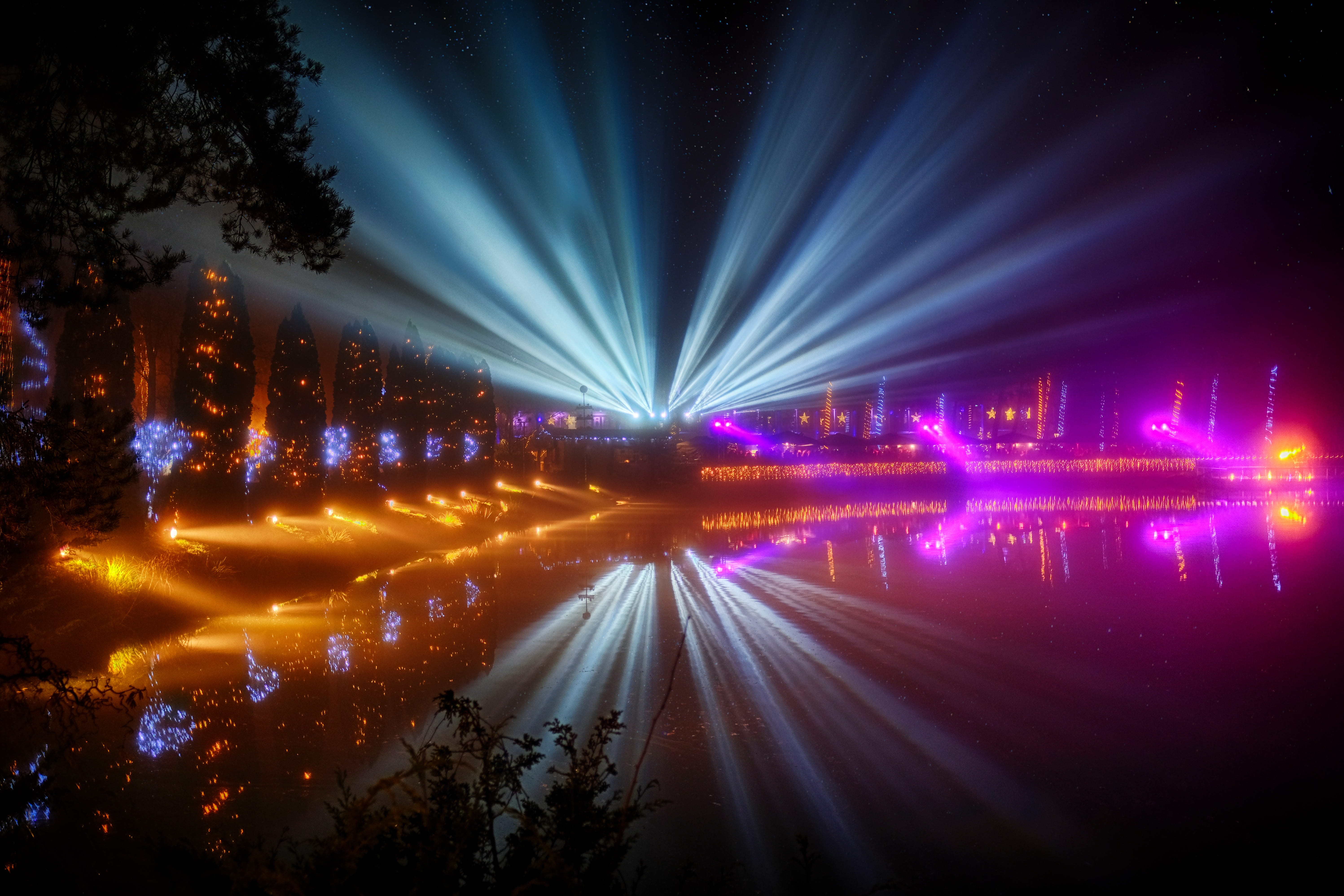 concert, light, celebration, blue, party, spotlight, show, lake, nightlife, arts culture and entertainment, light show, light beam, no people, water, music, HD Wallpaper