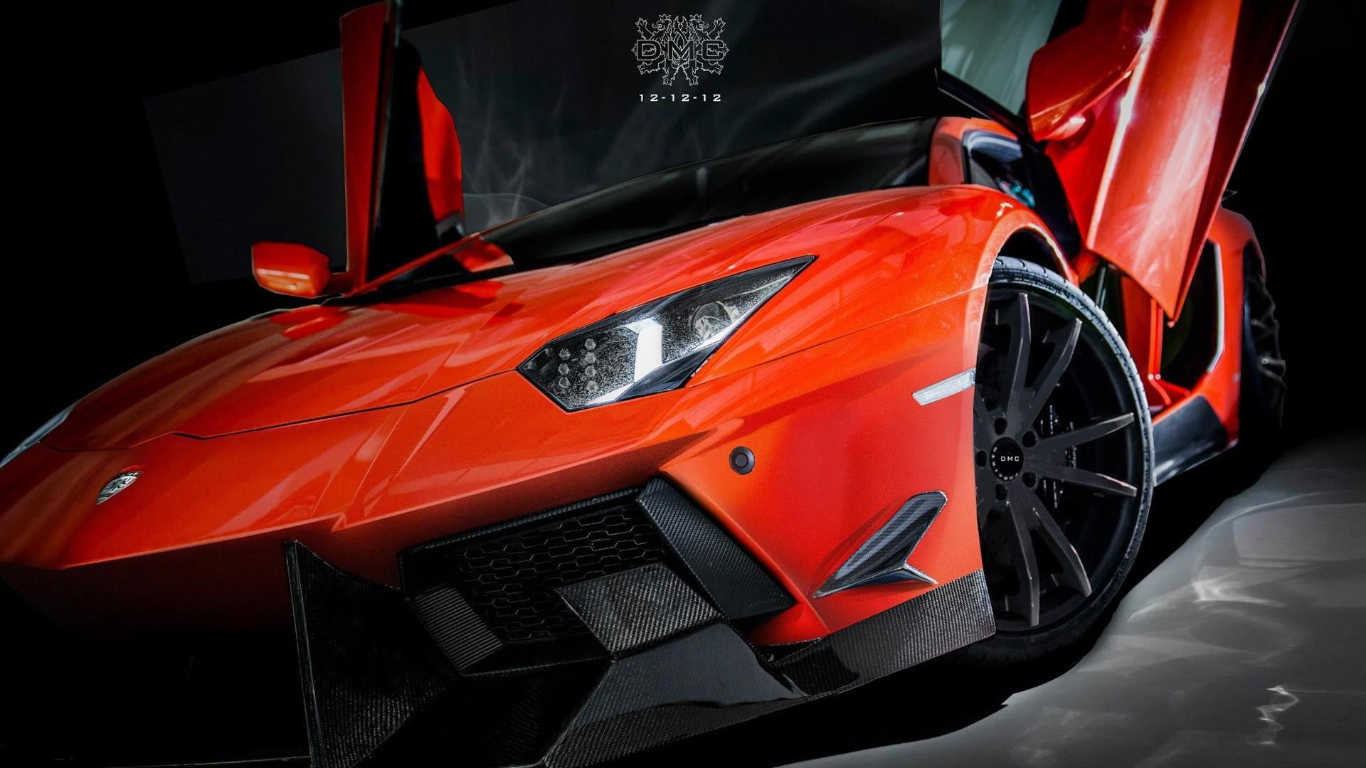 racecar, lamborghini, freight transportation, wheel, 1080P, no people, stationary, land vehicle, sports car, night, motor vehicle, indoors, orange color, HD Wallpaper