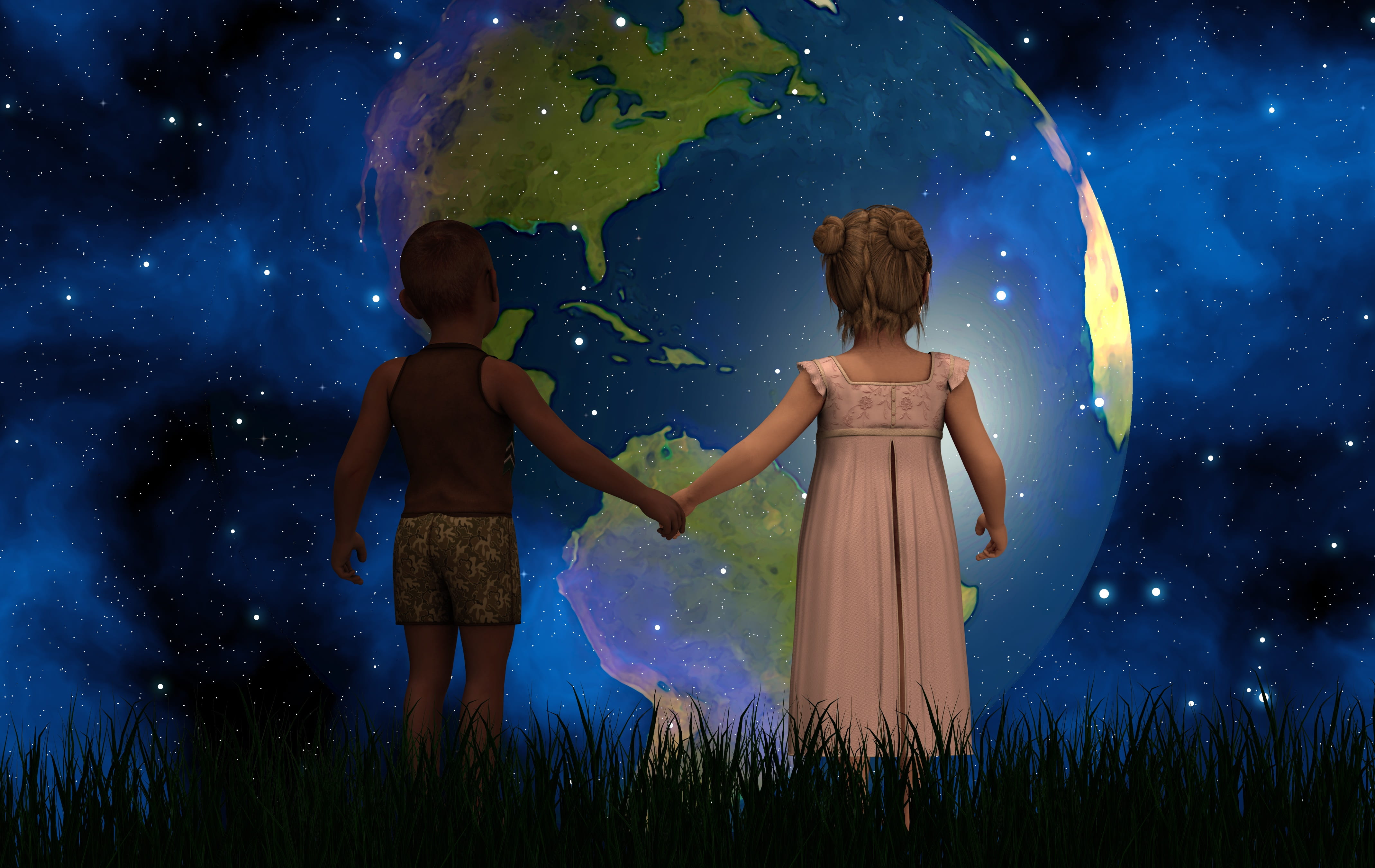 nighttime, grass, facing, girls, star, friends, childhood, astronomy, space, toddlers, planet, dress, standing, hold, sky, 4K, child, forward, boy, two, HD Wallpaper