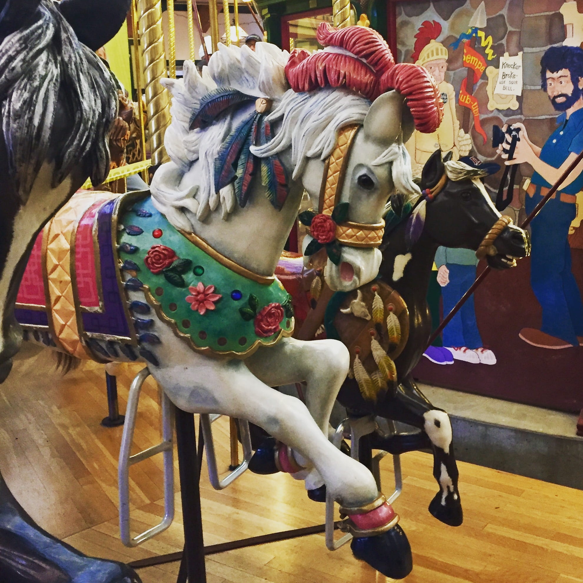 no people, carousel, outdoors, domestic animals, horse, representation, arts culture and entertainment, animal themes, carousel horses, animal wildlife, Phone HD Wallpaper