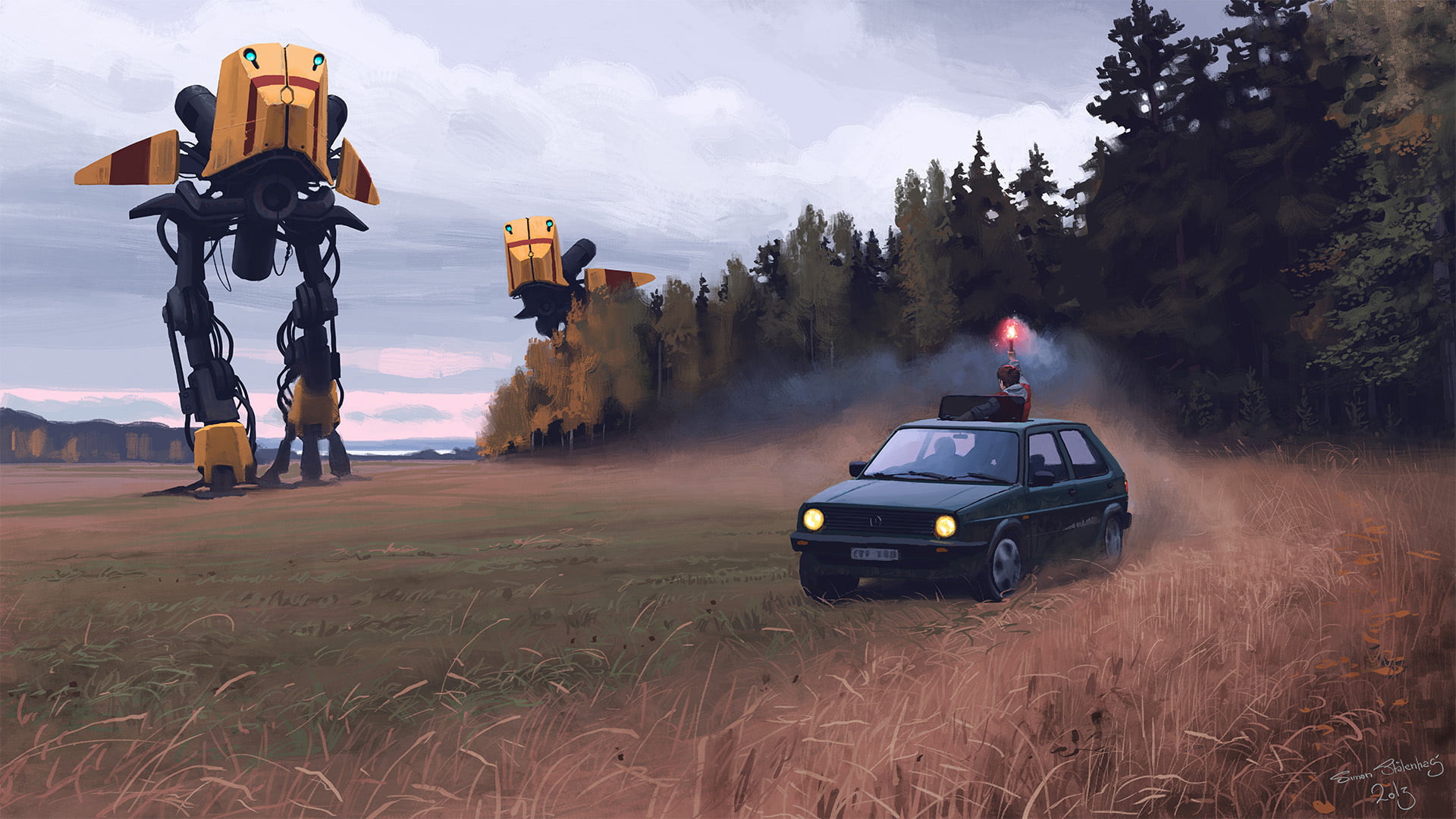 field, tree, still, mode of transportation, 1080P, nature, people, car, plant, Simon Stålenhag, entertainment, men, movie, day, transportation, artist, HD Wallpaper