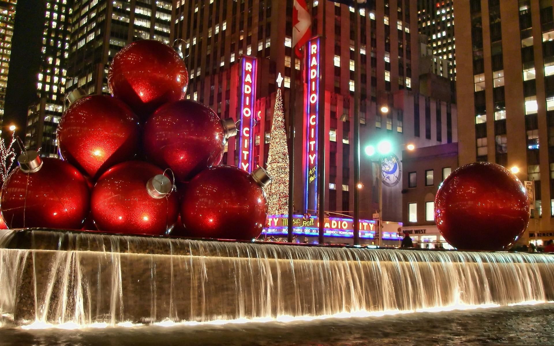 radio, red, city, radio city hall, new york, new york city, park, fountain, world, 1920x1200, baubles, hall, 1080P, HD Wallpaper