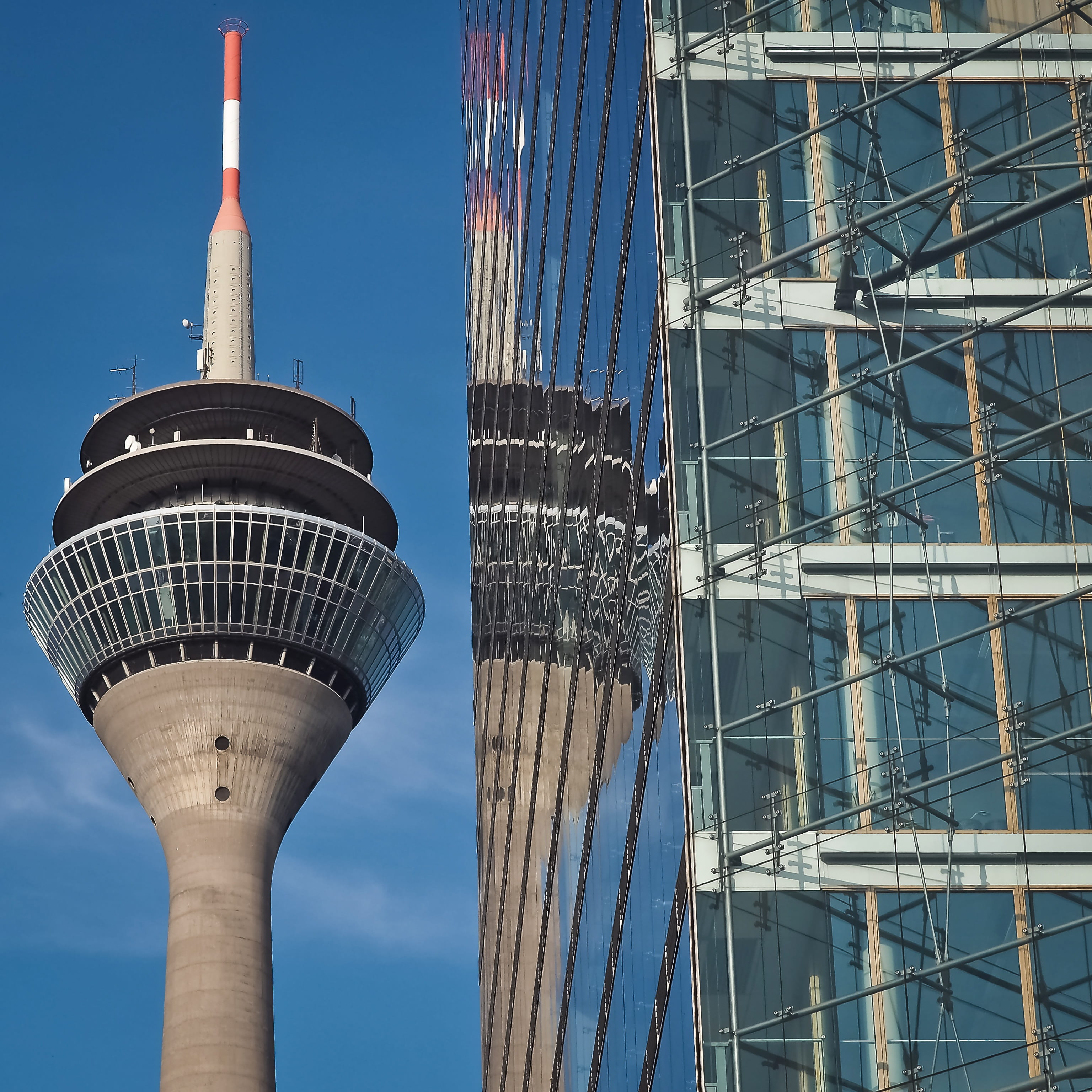 media harbour, city, outdoors, spire, tourist attraction, tv tower, rhine tower, radio tower, sailboat, communication, global communications, travel, modern building, Phone HD Wallpaper