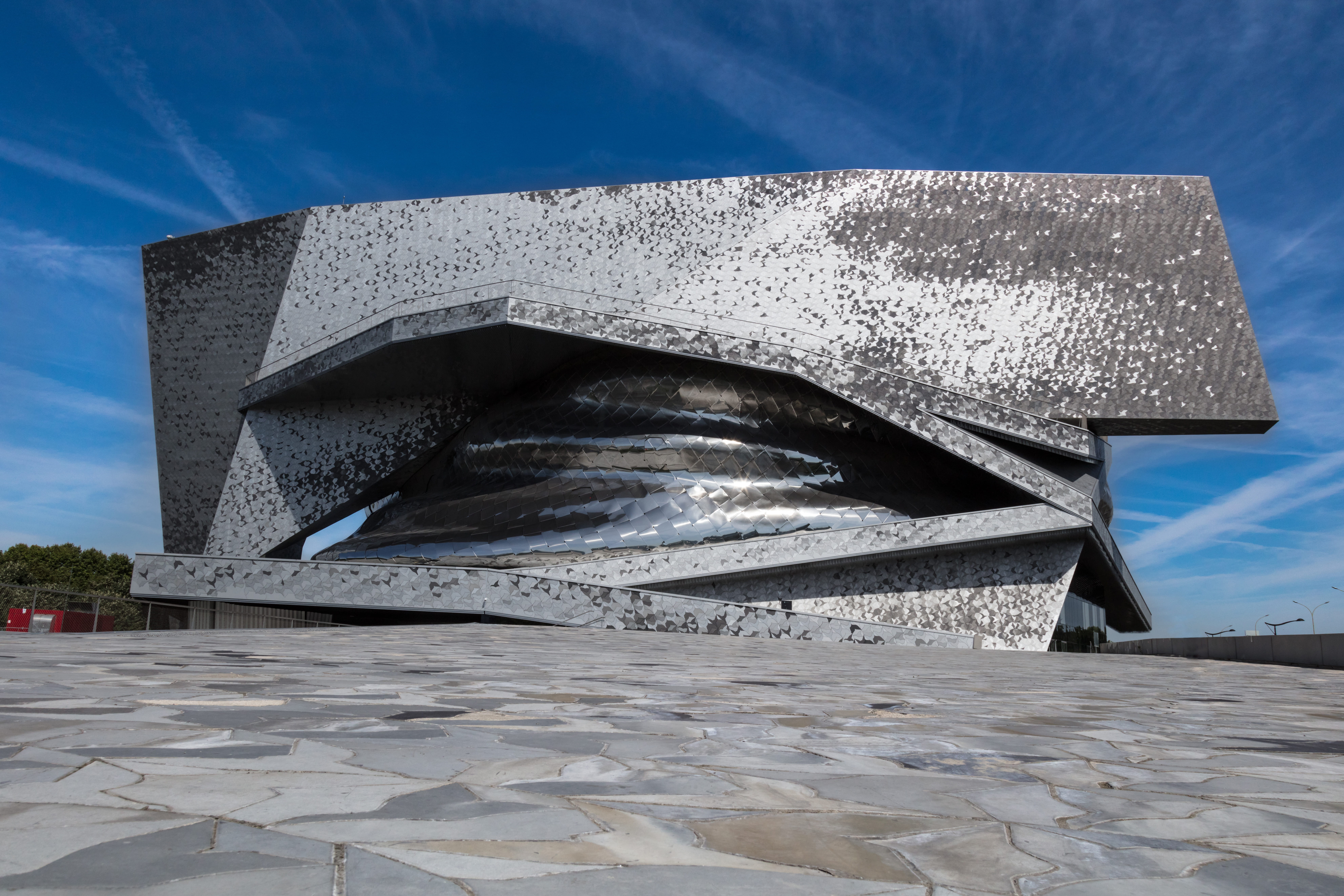 glass, concrete, france, music, philarmonic, outdoors, nature, low angle view, blue sky, sky, 8K, blue, building exterior, jean nouvelle, water, scale, HD Wallpaper