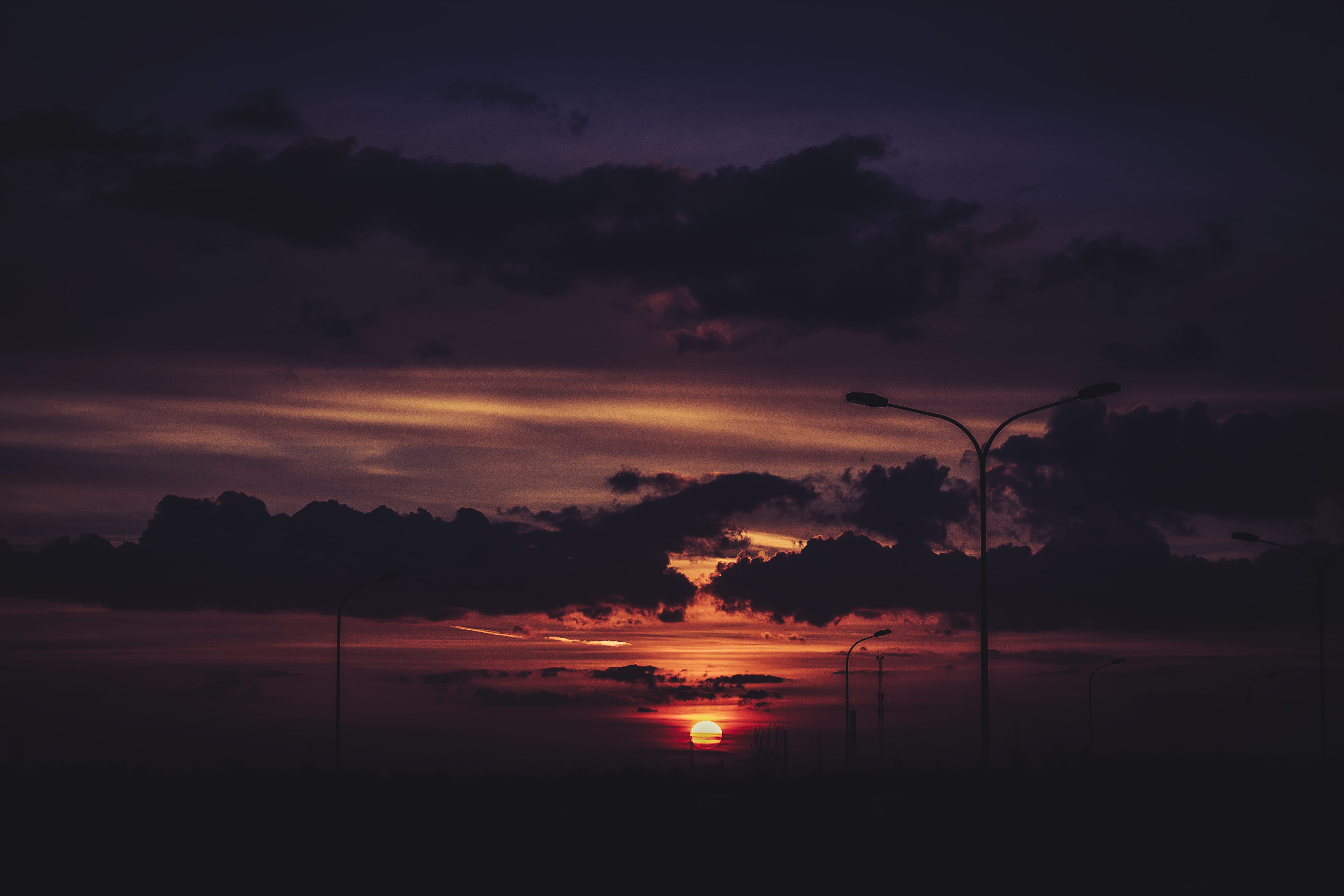 scenics - nature, street, dusk, dramatic sky, sun, outdoors, sunrise, dark, idyllic, sunset, cloud, tranquility, tranquil scene, sunlight, 4K, silhouette, HD Wallpaper
