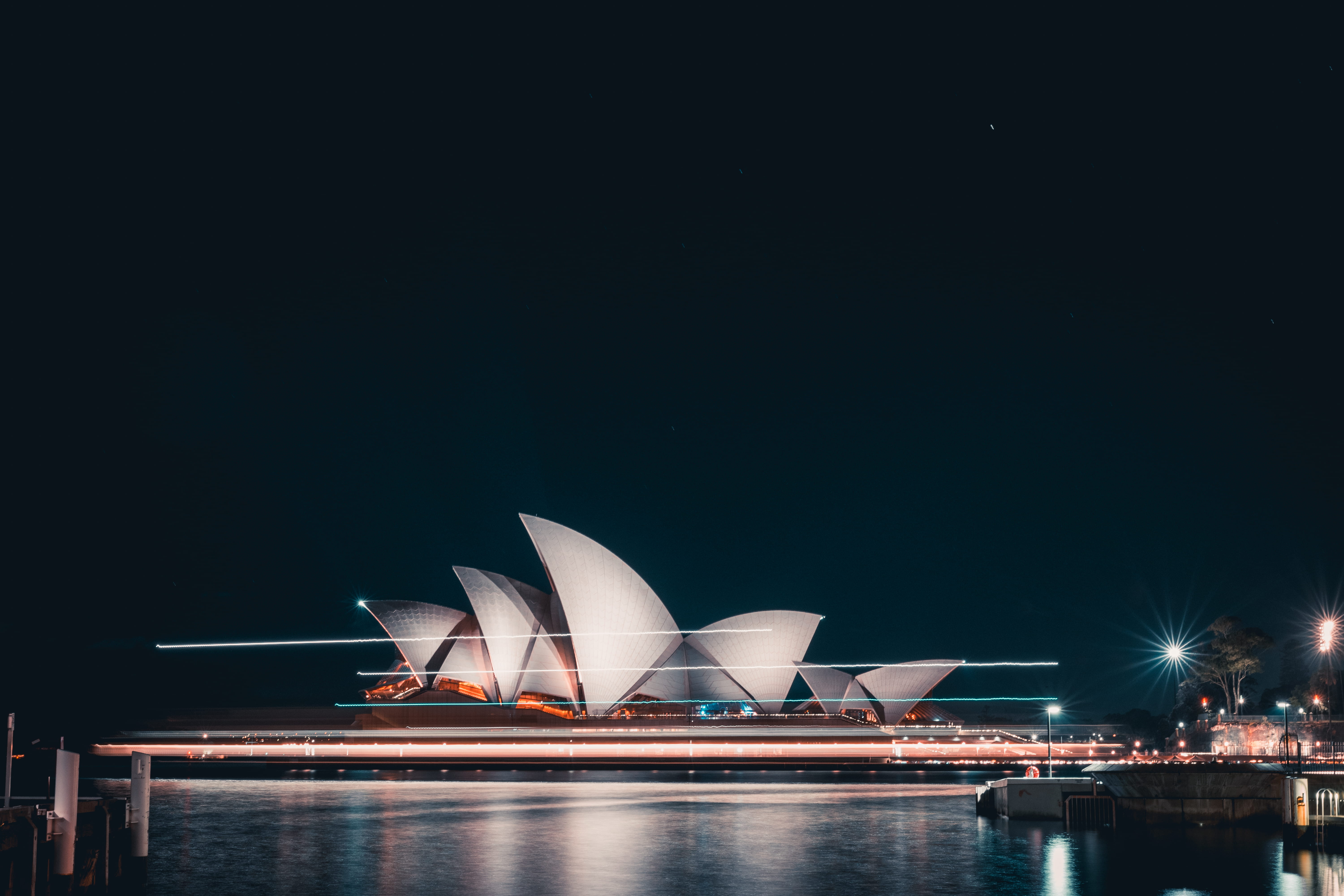 nighttime, iconic, 5K, copy space, transportation, sky, harbor, building exterior, light trail, travel, nightlife, australia, riverside, dark, outdoors, HD Wallpaper