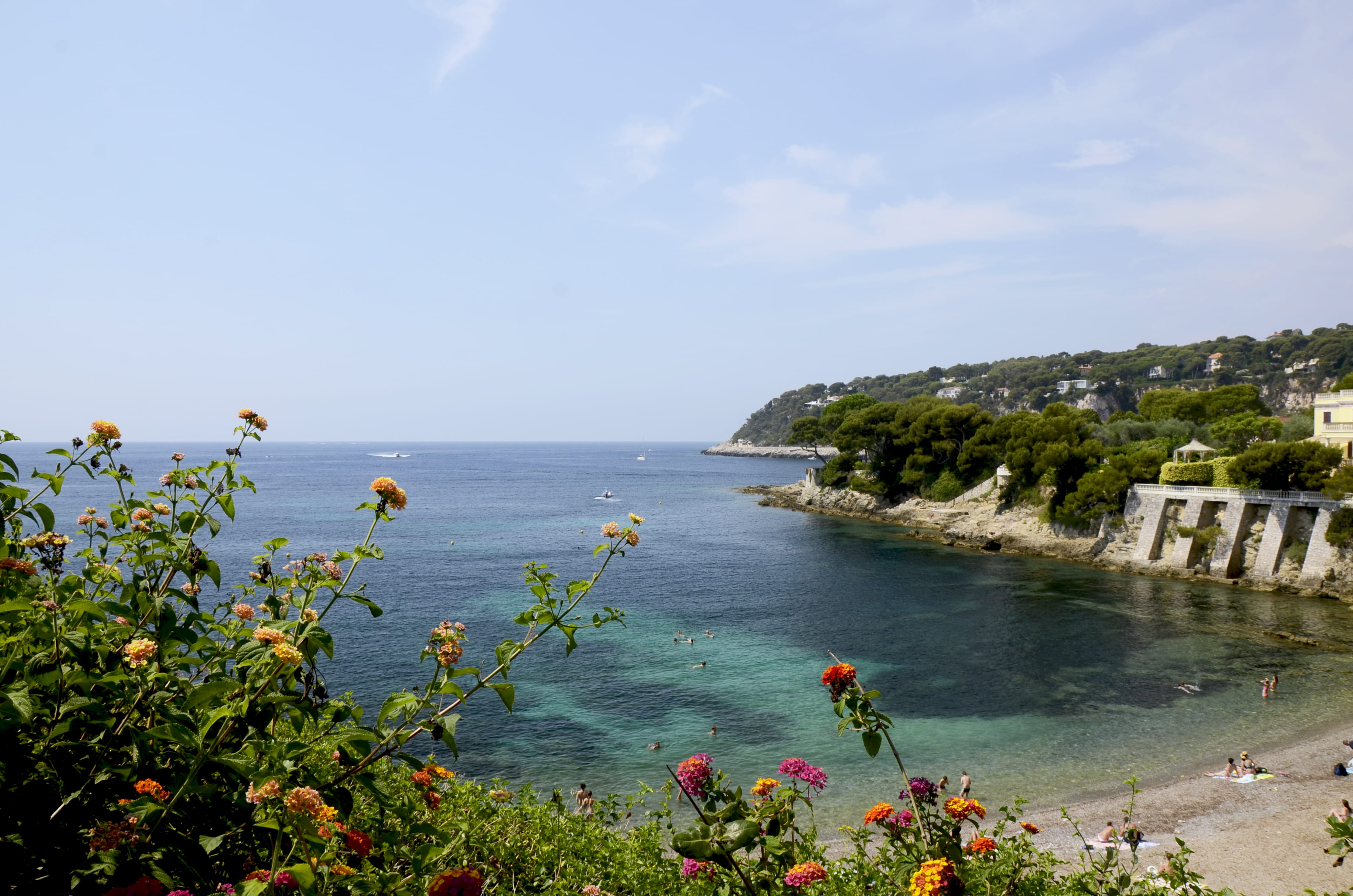 holidays, sunny, tranquility, ocean, horizon over water, cloud - sky, water, blue, france, sea, vacances, nice, 2K, tree, flowers, boat, fleurs, tranquil scene, HD Wallpaper