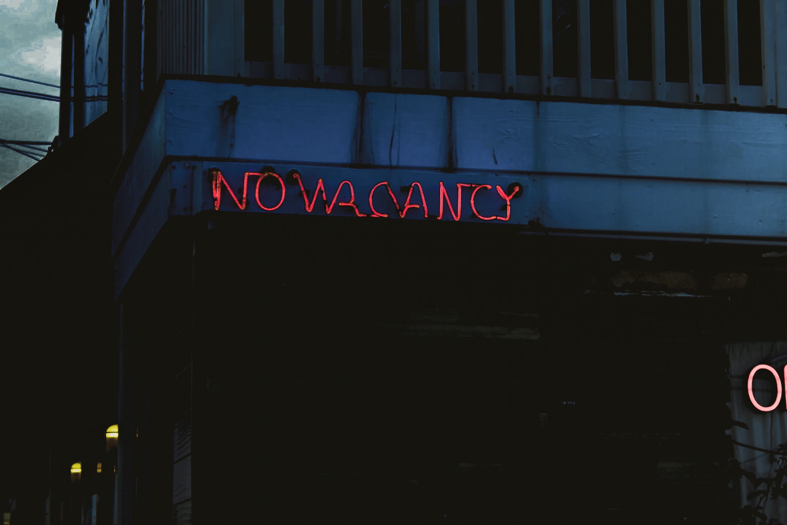 information sign, western script, no vacancy, red, illuminated, neon, city, nightlife, low angle view, outdoors, dark, sign, capital letter, text, 2K, HD Wallpaper