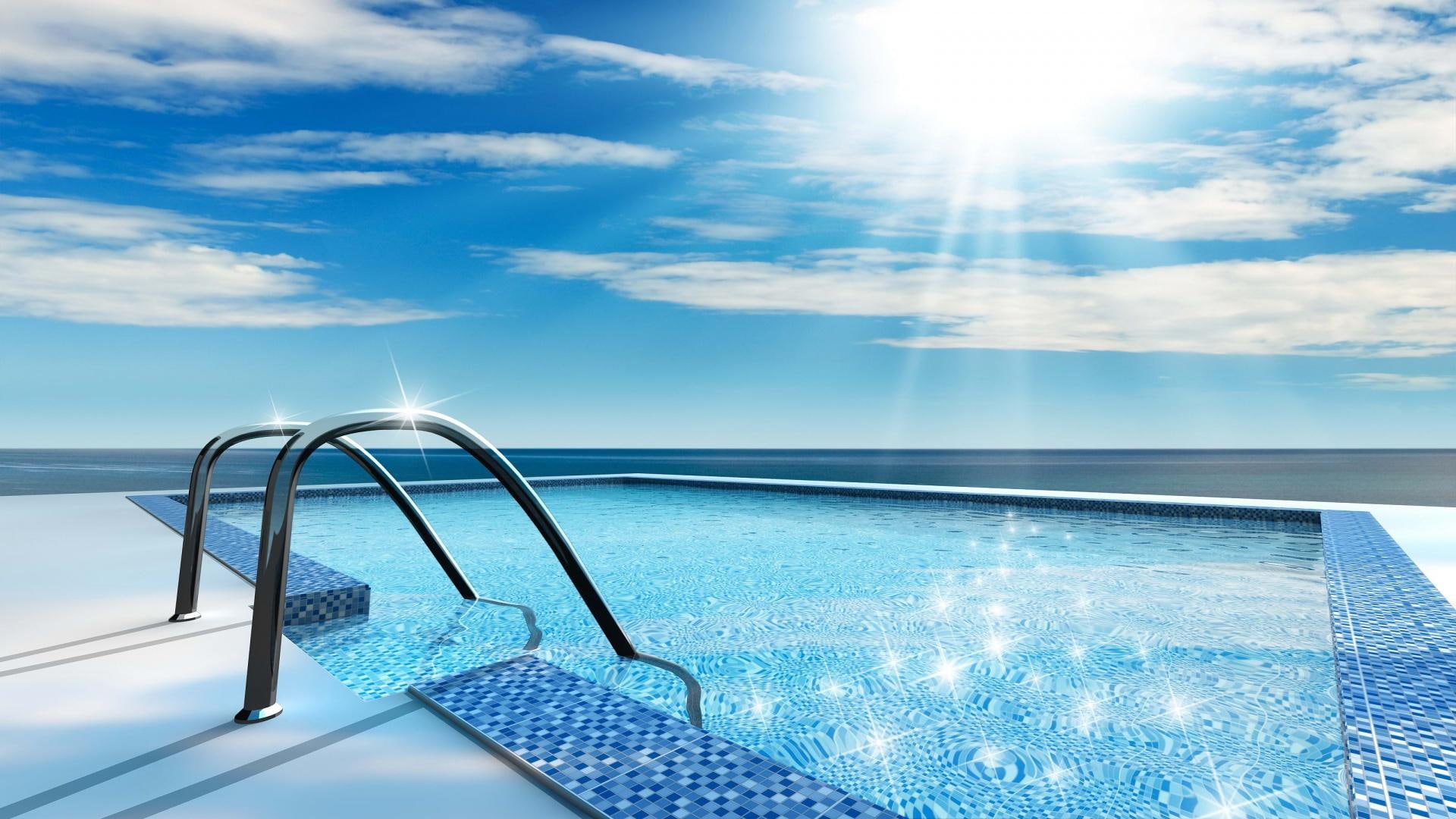 clouds, ladder, shimmer, 1080P, nature and landscapes, water, pool, shimmering, HD Wallpaper