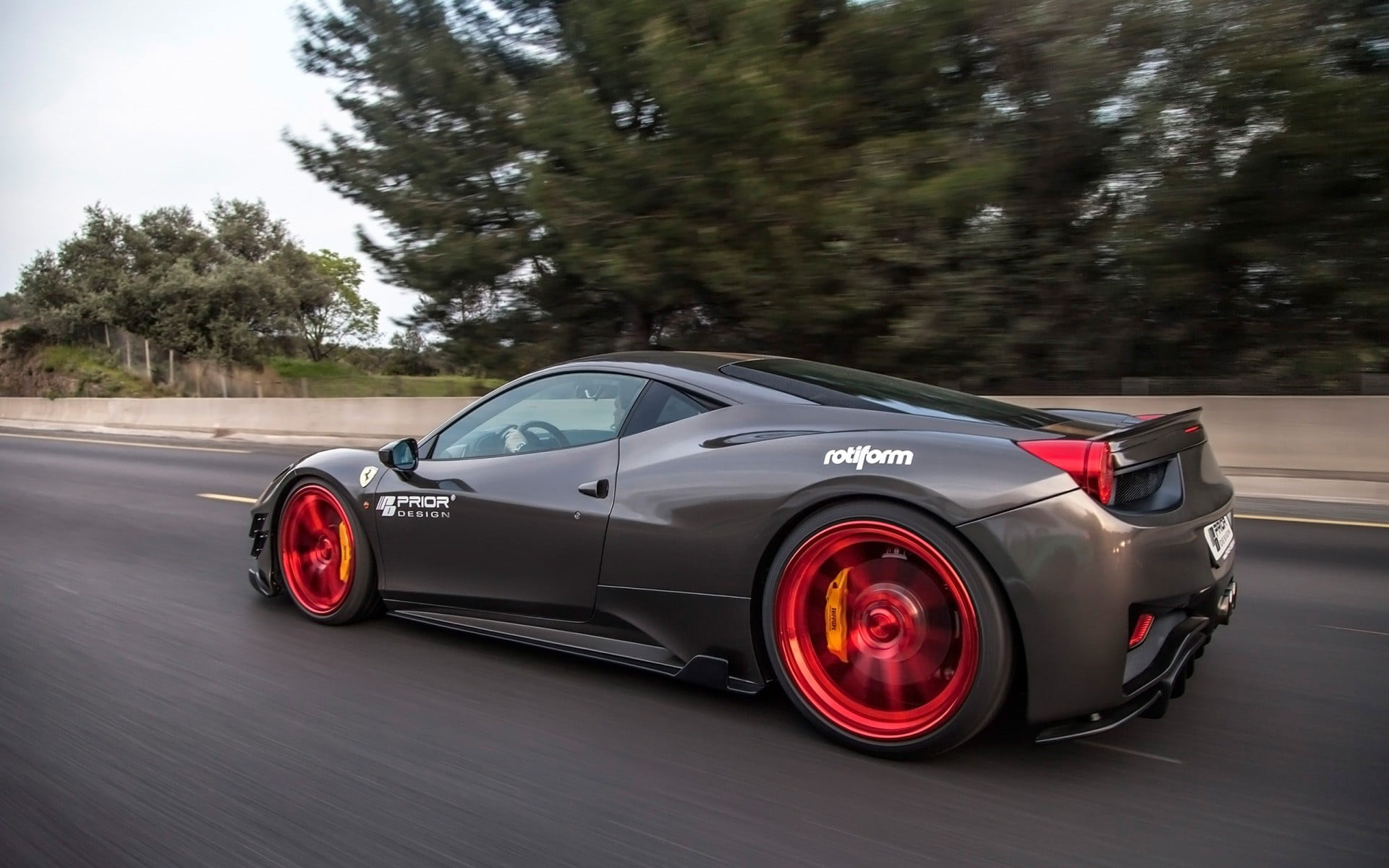speed, land vehicle, chrome, nature, car, motor vehicle, tree, road, wheel, new, transportation, motion, gray, Prior Design, 1080P, Ferrari 458 Italia, HD Wallpaper